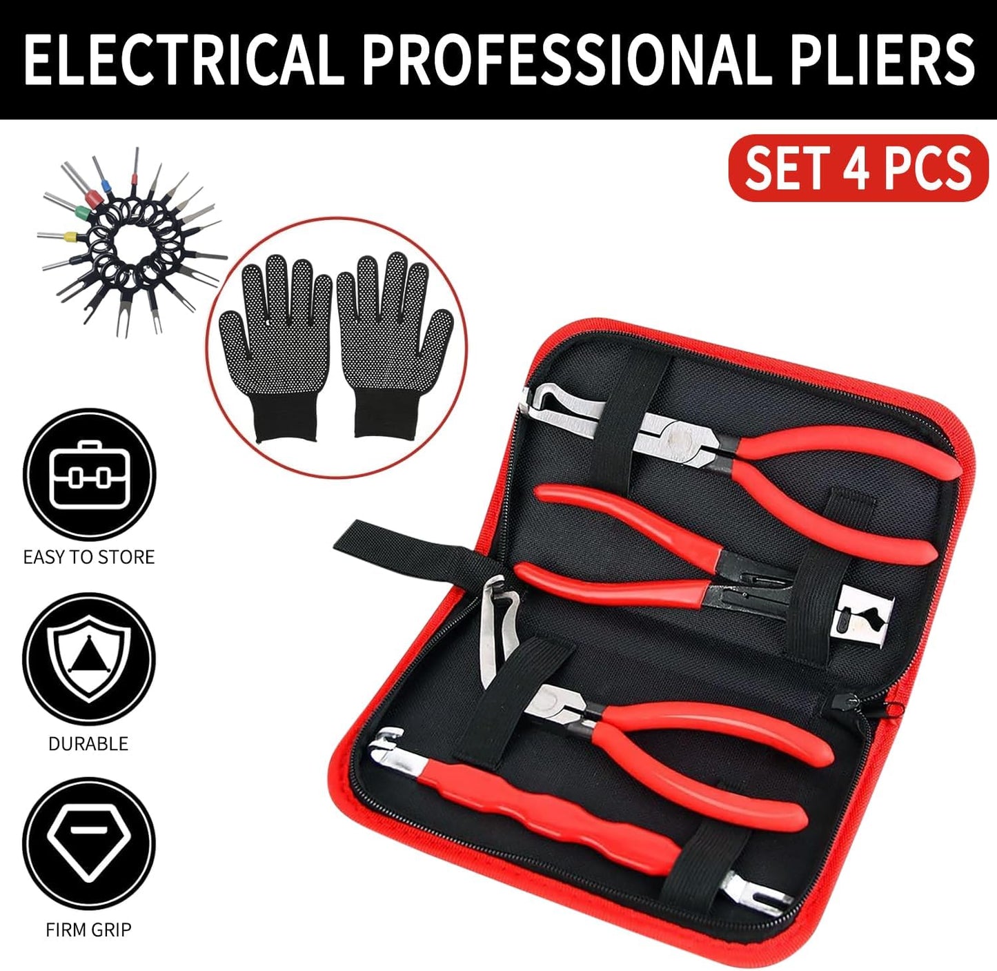 4 Piece Automotive Electrical Disconnect Pliers Kit, High-Carbon Steel Connector Separator Tool with Straight & 60° Tips, Hose Clamp Plier & 18pcs Pin for Cars SUVs Fuel Line Repair (Storage Box)
