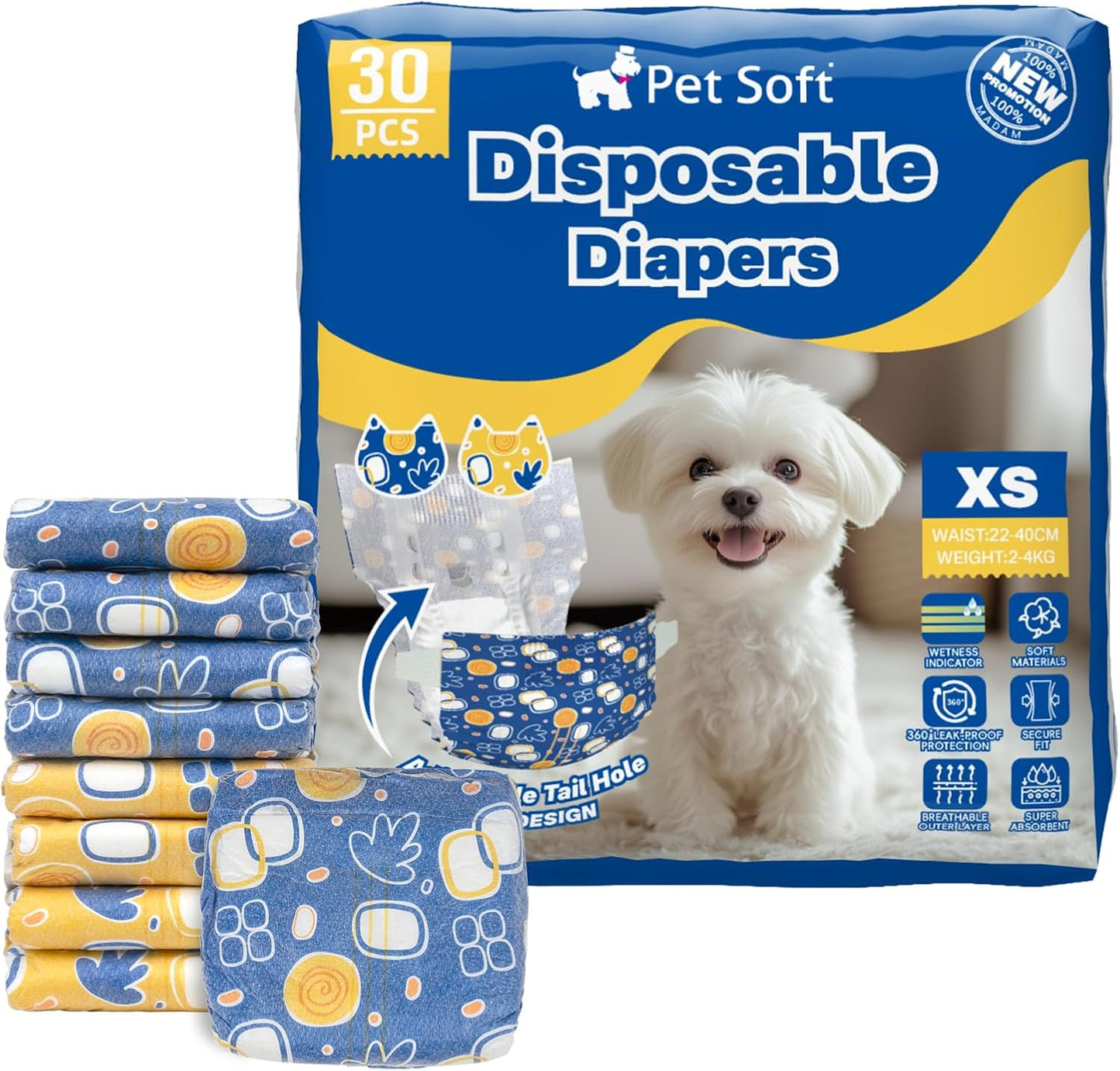 Pet Soft Dog Diapers Female Disposable Doggie Diapers with Wetness Indicator, Puppy & Cat Diapers Super Absorbent, Fit for Female Dog in Heat or Incontinence, 30pcs (XS, Mixed)