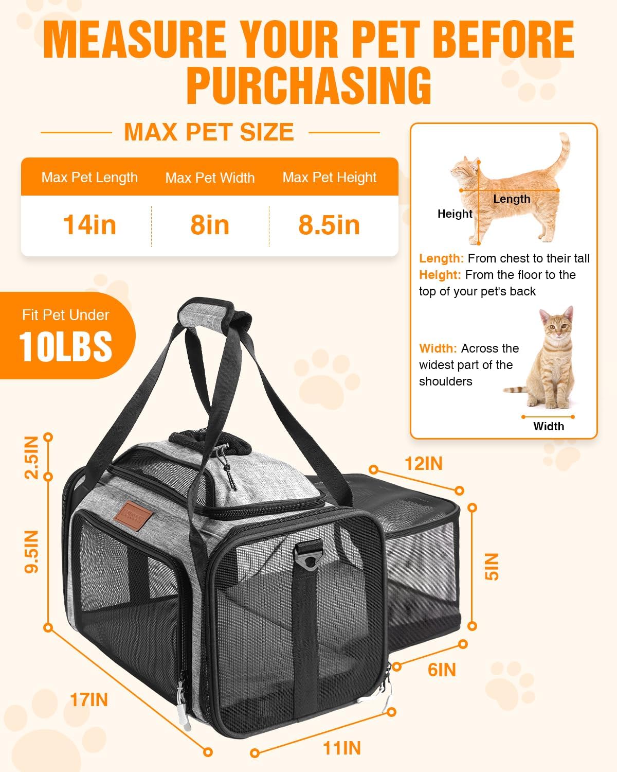PETUX Top and Side Expandable Pet Carrier for Small Pets Up to 10 lb - 17 x 11 x 9.5 in, Underseat, Soft-Sided Airline Approved Cat Dog Carrier, with Safety Buckle and Anti-Scratch Mesh - Grey