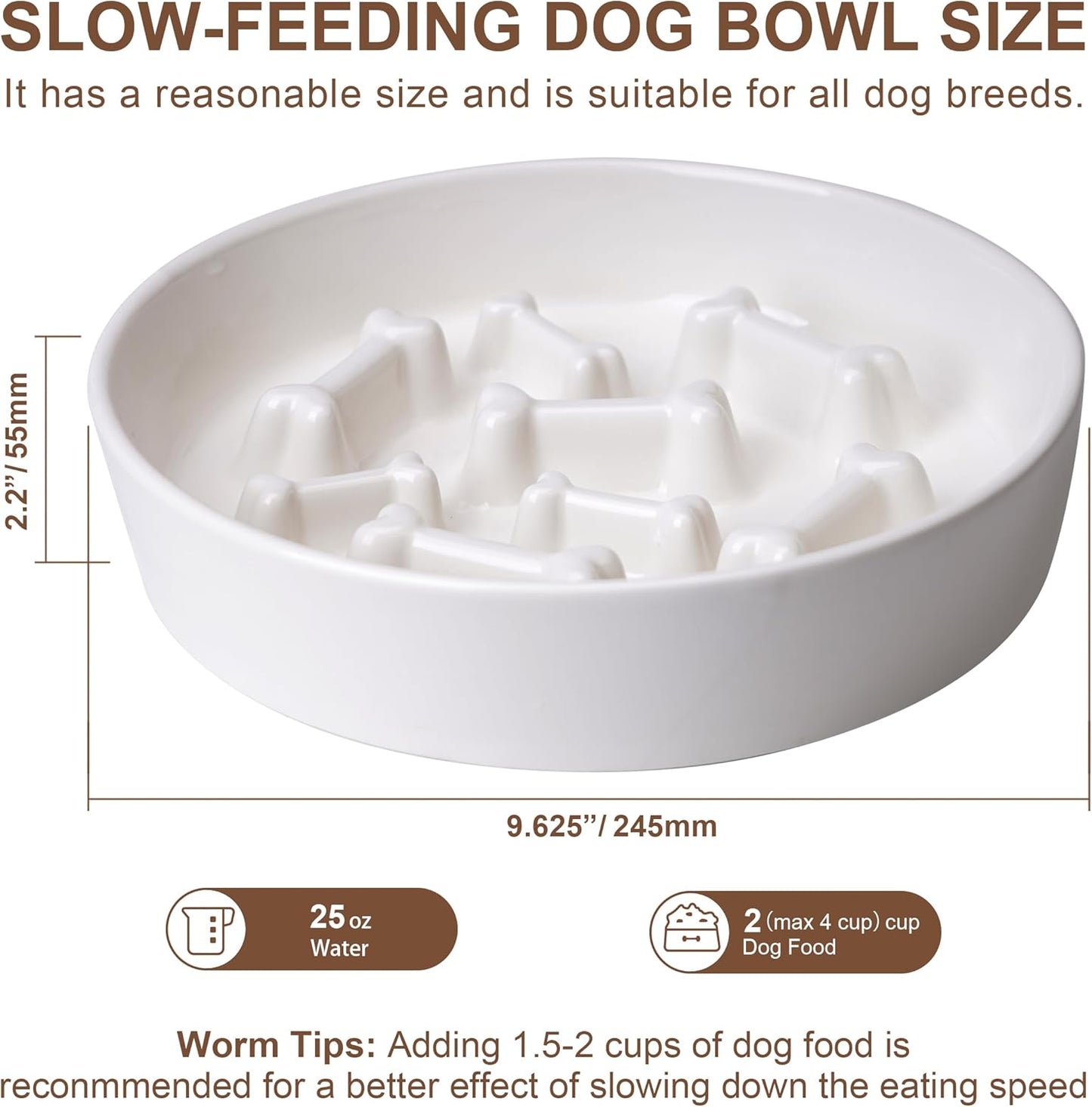 Ceramic Slow Feeder Dog Bowl, 1.5 Cup Dog Food or 20oz Water, Slow Eating Bowl for Small Breed, Maze Puzzle Feeder for Fast Eaters, Anti-Choking Stop Bloat, Non-Slip BPA Free (White Bone)