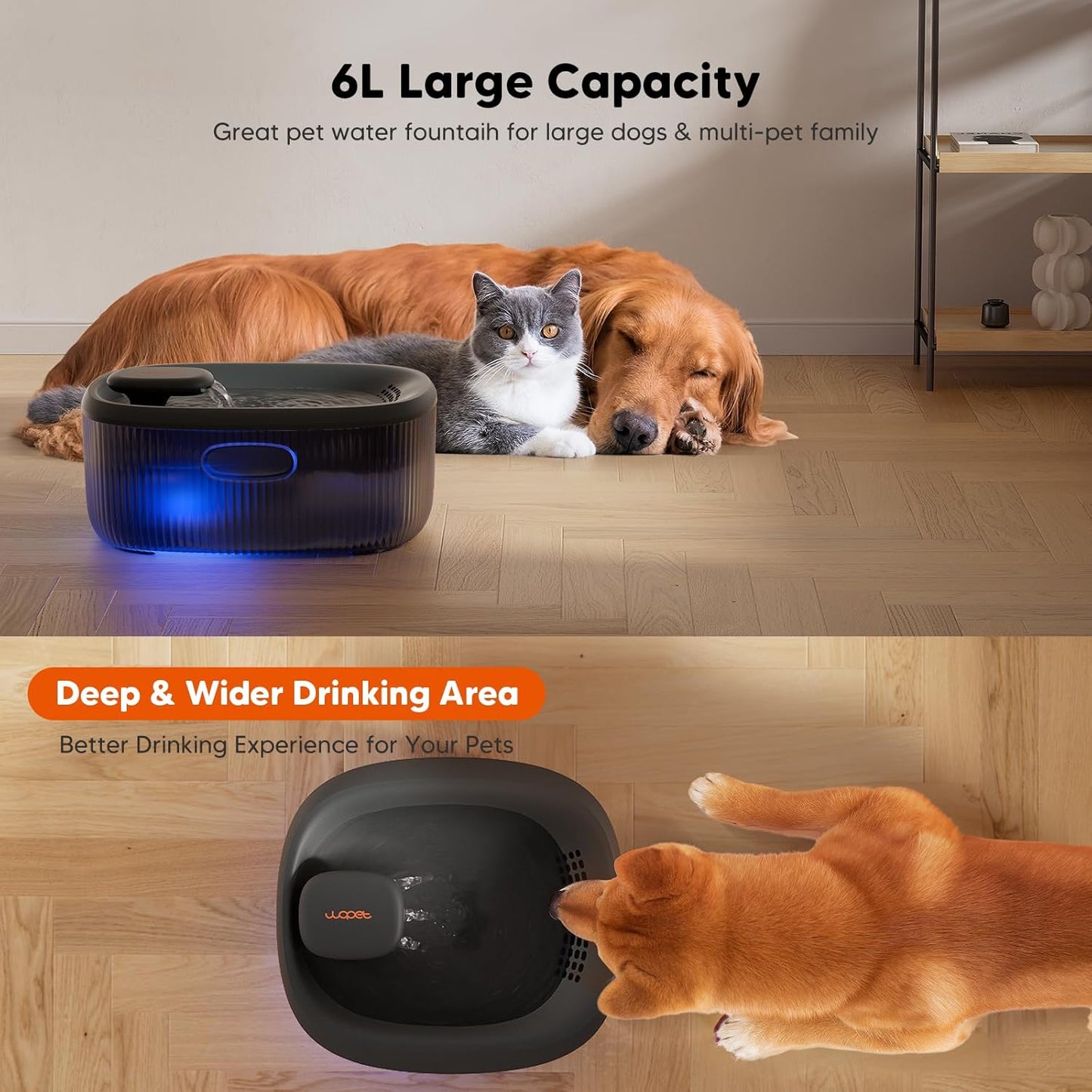 WOPET Dog Water Fountain for Large Dogs, 6L/205oz/1.7Gal Automatic Dog and Cat Water Fountain, Pet Water Dispenser with 2 Filters, Ultra-Quiet Pump, Great for Large Dogs Cats and Multi-Pet Home