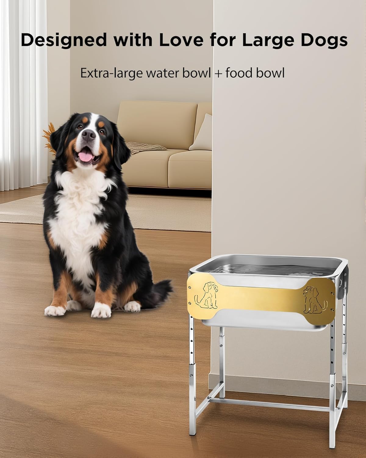 2-Pack Elevated Dog Bowls for Large Breed, 3 Gallon Large Water Bowl and 1.5 Gal Food Bowl Set with 6-Height Adjustable Stand, Raised Dog Feeding Station with Stainless Steel Bowls for Indoor&Outdoor