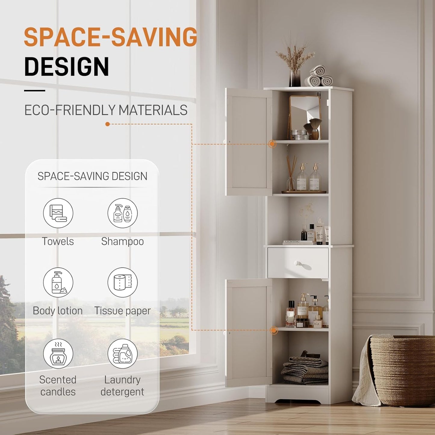 Tall Bathroom Cabinet, Storage Cabinet with 2 Doors & 2Drawer, with Ajustable Shelve, for Bathrooms, Kitchens,Entrances,Bedrooms（White）