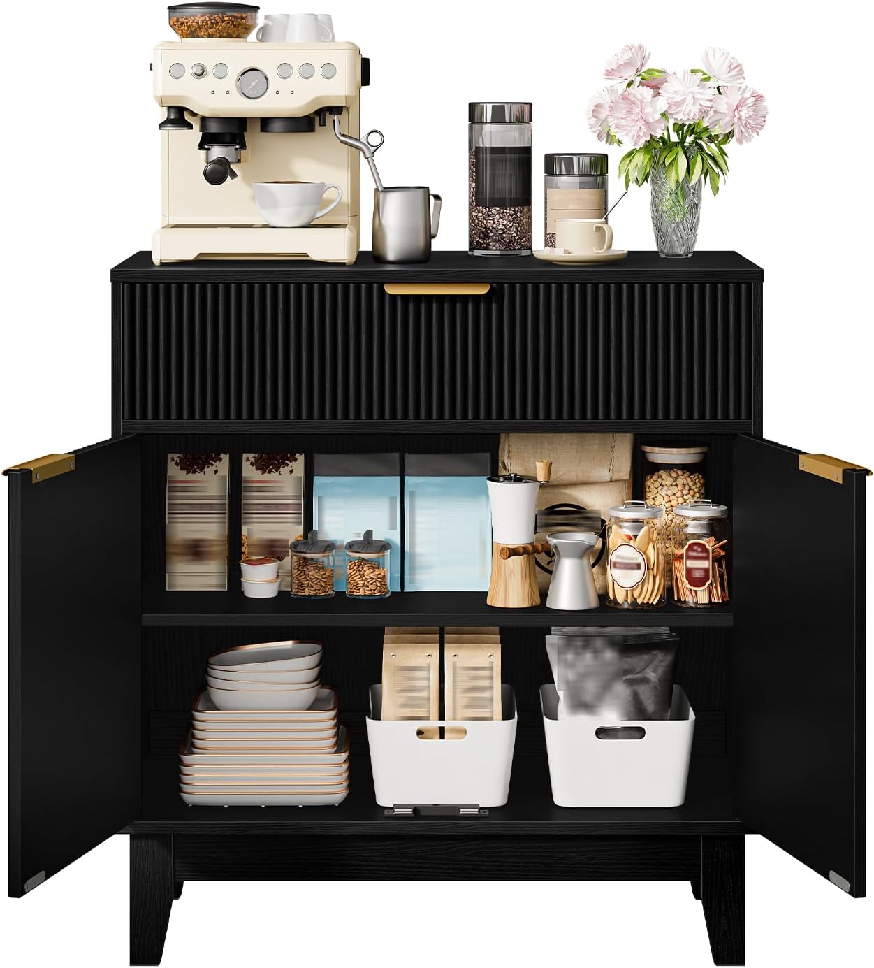 Fluted Buffets Sideboard, Buffet Sideboard with 1 Drawer & 1 Door, Kitchen Storage Cabinet with Adjustable Shelf and Slanted Legs, Buffet Cabinet for Kitchen, Living Room, Black MCB02BB