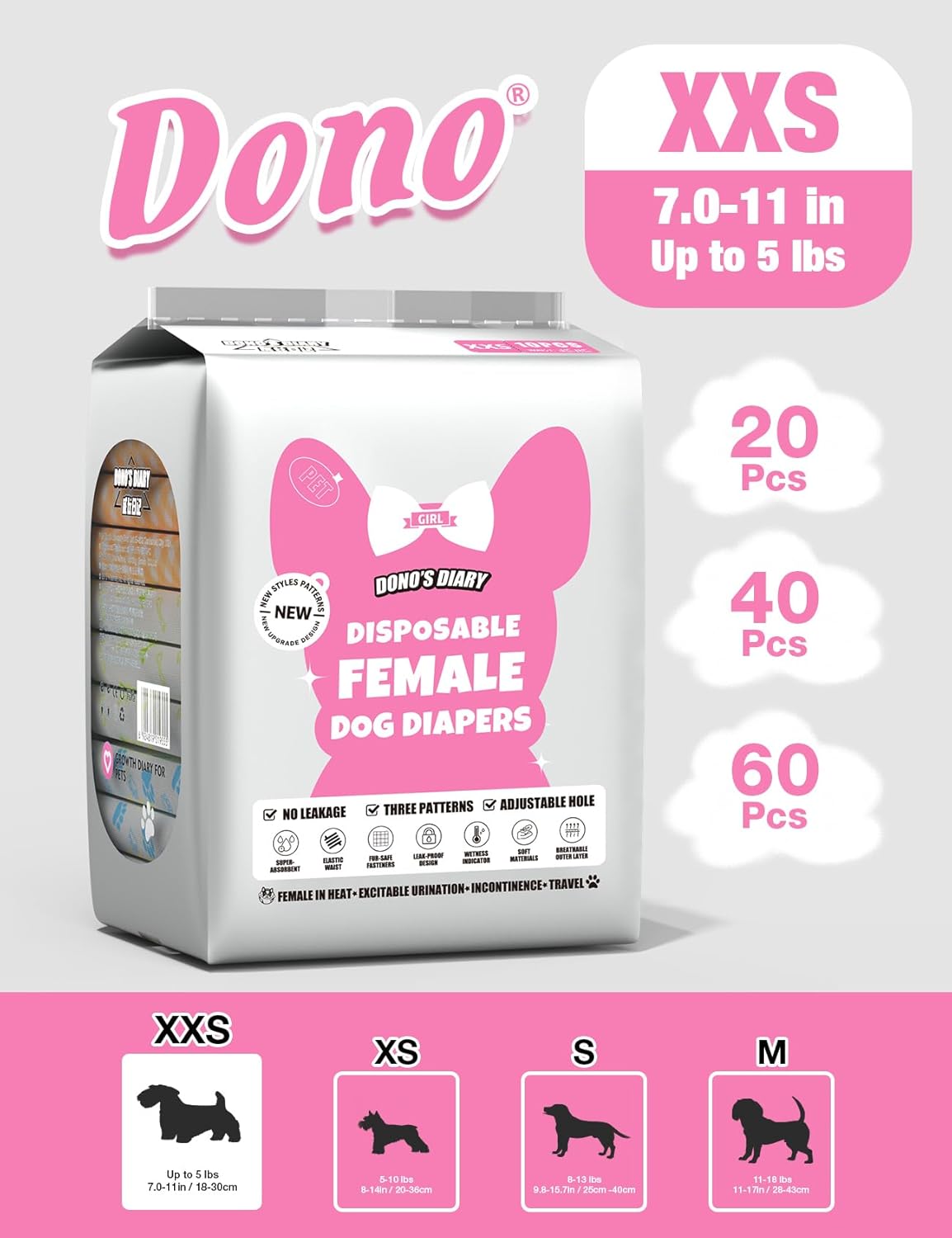 Dono Disposable Dog Diapers Female with Wetness Indicator, Disposable Doggie Diapers for Dogs in Heat, Super Absorbent Leak-Proof Pet Puppy Diapers Female for Peeing Small Medium Large Dogs