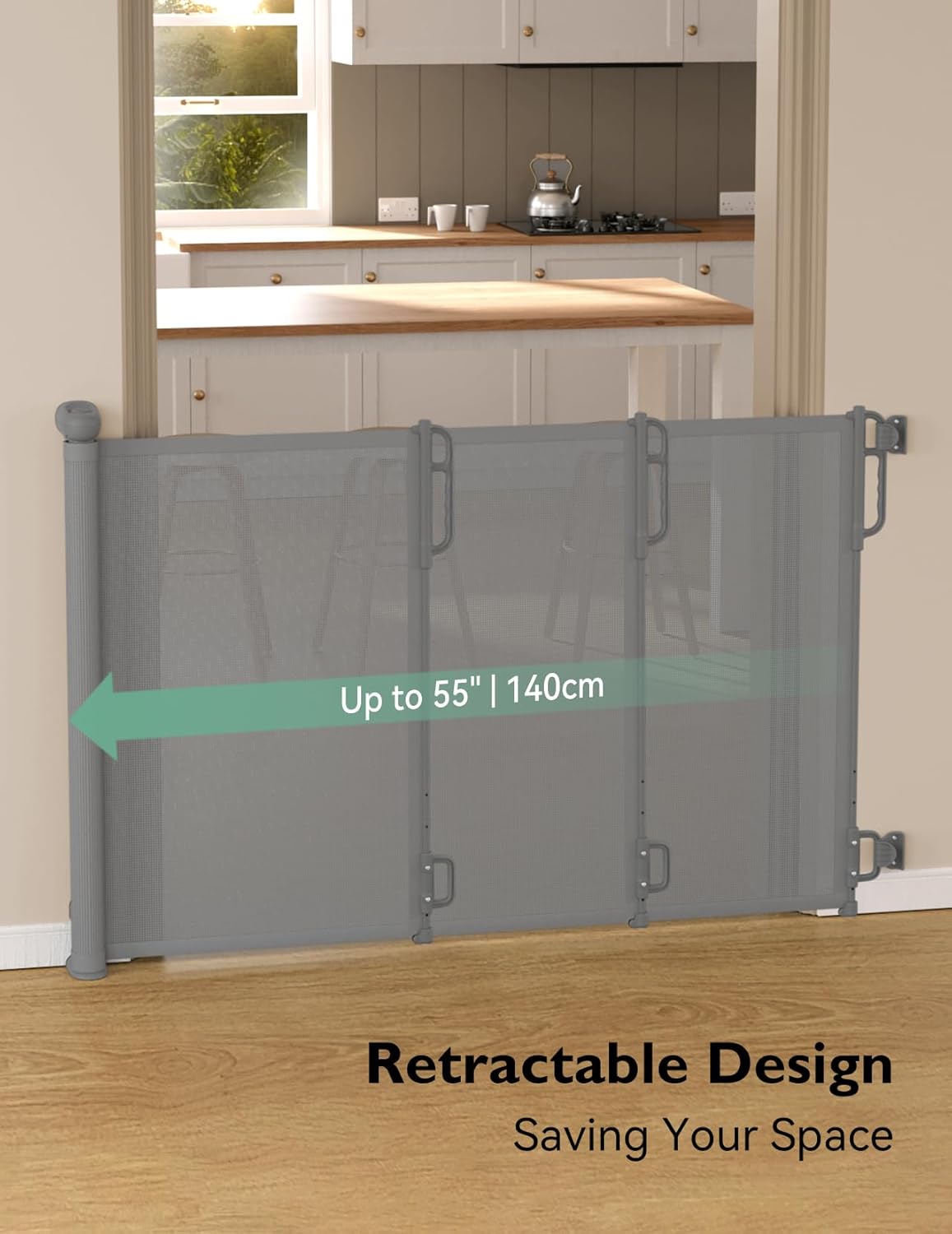 Momcozy Auto Lock Retractable Baby Gate, Safety Gate for Baby and Pet, 33” Tall, Extends to 55” Wide, Mesh Safety Dog Gate for Stairs, Indoor, Outdoor, Doorways, Hallways