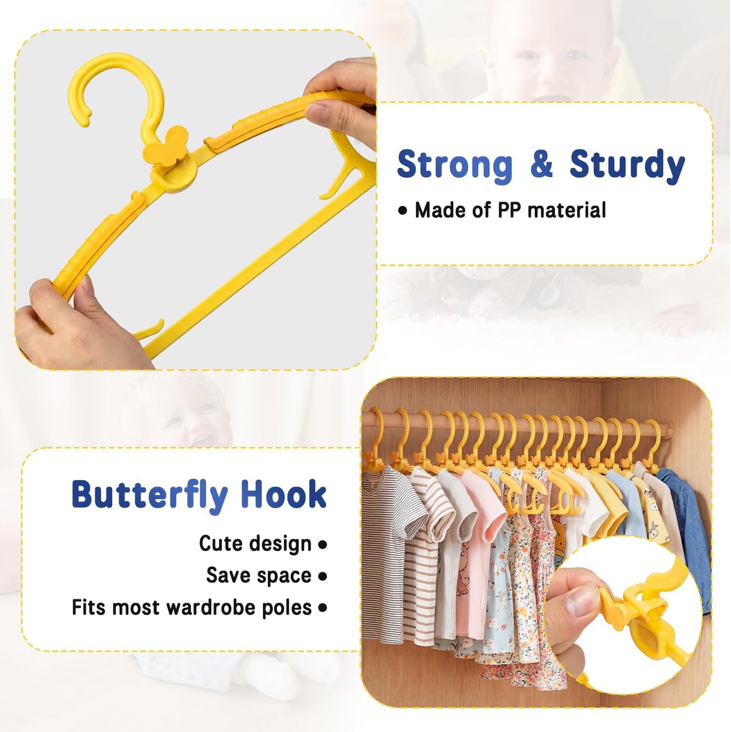 Damita Baby Hangers 11"-14" Adjustable Plastic Kids Hangers, Non-Slip Nursery Clothes Hanger with Small Butterfly Hooks, Sunny Yellow Childrens Hanger for Newborn to Toddler Closet Space Saving 20Pack