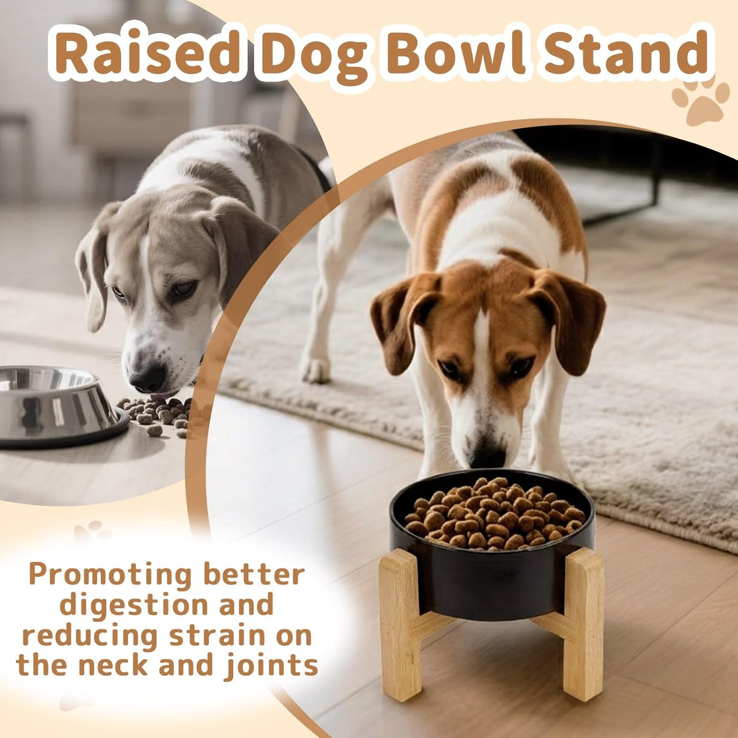2 Pack 5.9Inch Ceramic Raised Dog Bowl, Raised Dog Bowls with Non-Slip Bamboo Stand Food and Water Bowls Heavy Duty Pet Bowl for Small and Medium Dogs (Black + White)