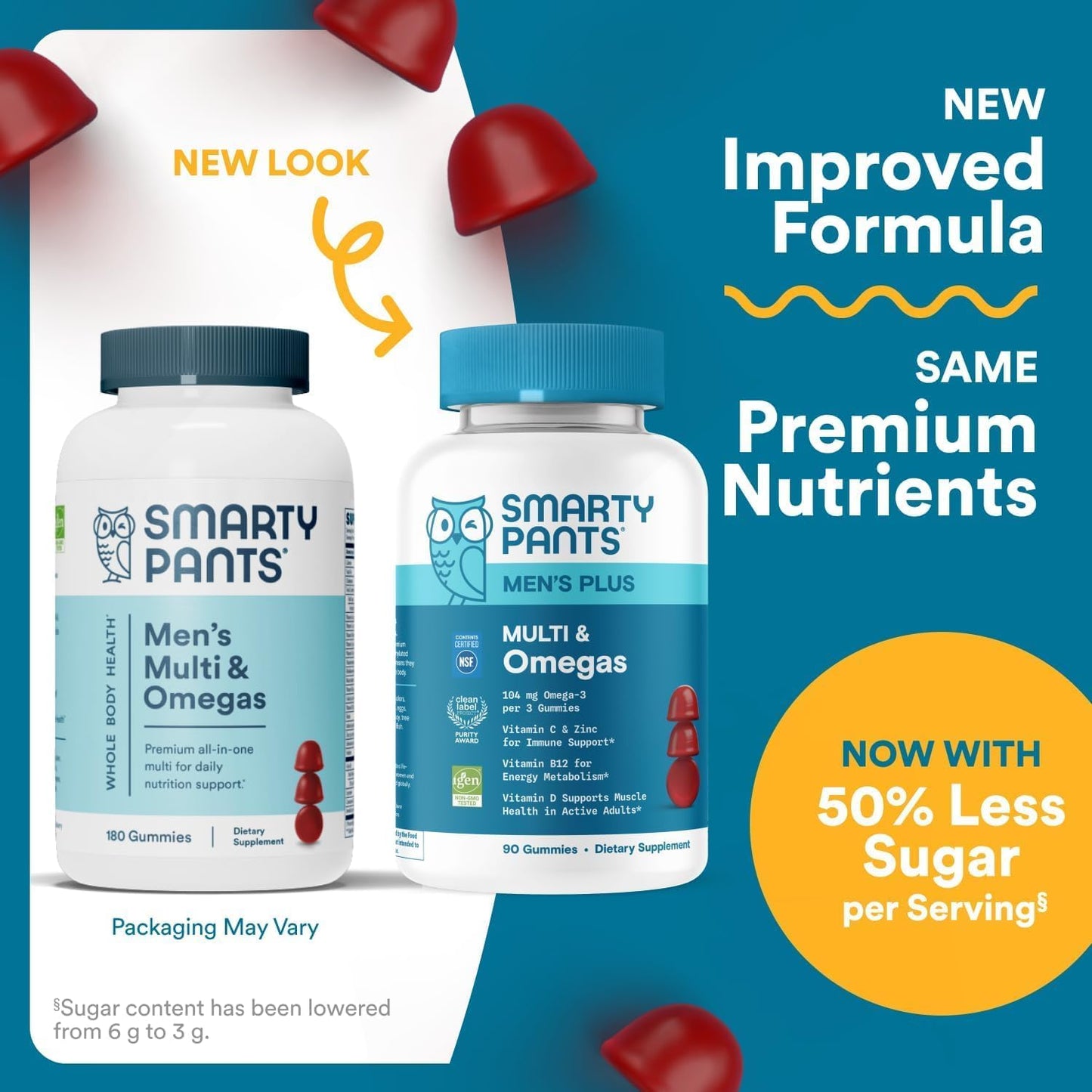 SmartyPants Men's Multivitamin Gummies, Omega 3 (DHA/EPA), Methylfolate, Vitamin D3, C, Vitamin B12, B6, Vitamin A, K, Zinc & Selenium, Gluten Free, 90 Count (30 Day Supply)
