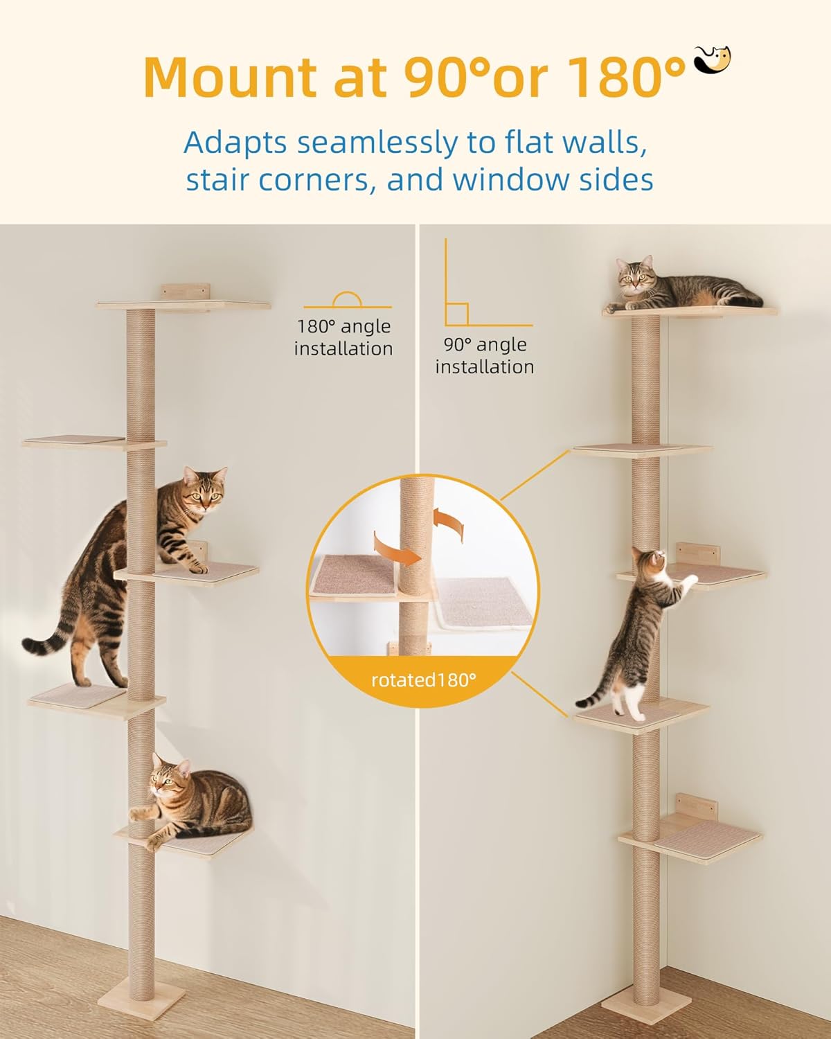 80inch Wall Mounted Cat Tree, 15.8in Top Perch Bed for Large Adult Cats, Adjustable Cat Shelves Floor to Ceiling for Scratch, Climb, and Lookout