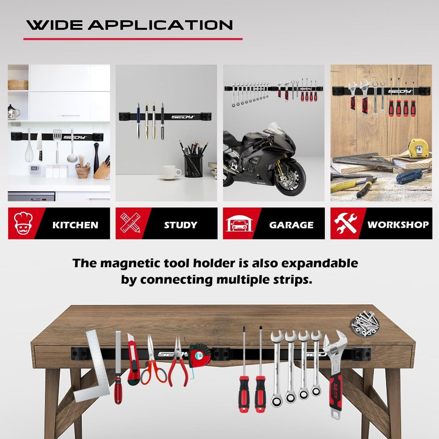 SEDY Magnetic Tool Holder Storage Organizer: 7-Piece Garage Wall Mount Rack Organization Strip Power Magnet Organizers Mounted Workbench Board Slatwall Van Hanger