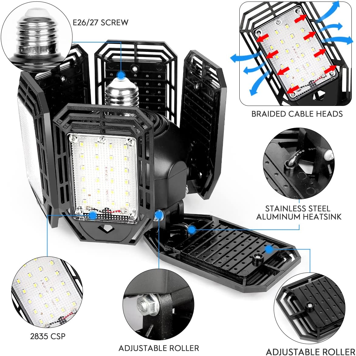 2 Pack LED Garage Lights 180W Deformable 18000LM Close to Ceiling Light Fixtures E26 E27 Screw-in Six Leaf Glow Lighting, Ultra Bright LED Shop Light with 6 Adjustable Panels for Work Shop Warehouse