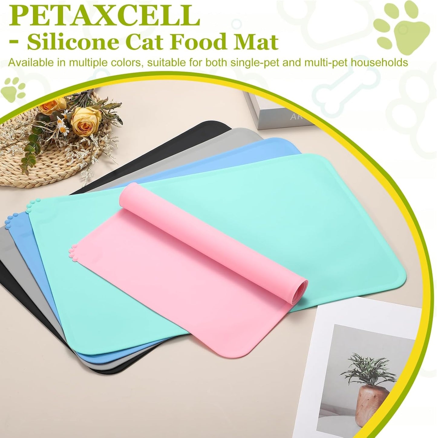 Cat Food Mat, 19x12 Inch Silicone Pet Feeding Mat Non-Slip Paw Print Style Waterproof Dog Water Bowl Tray Raised Edge Protects Floors (Gray), Intended for Pets Bowl/Fountain