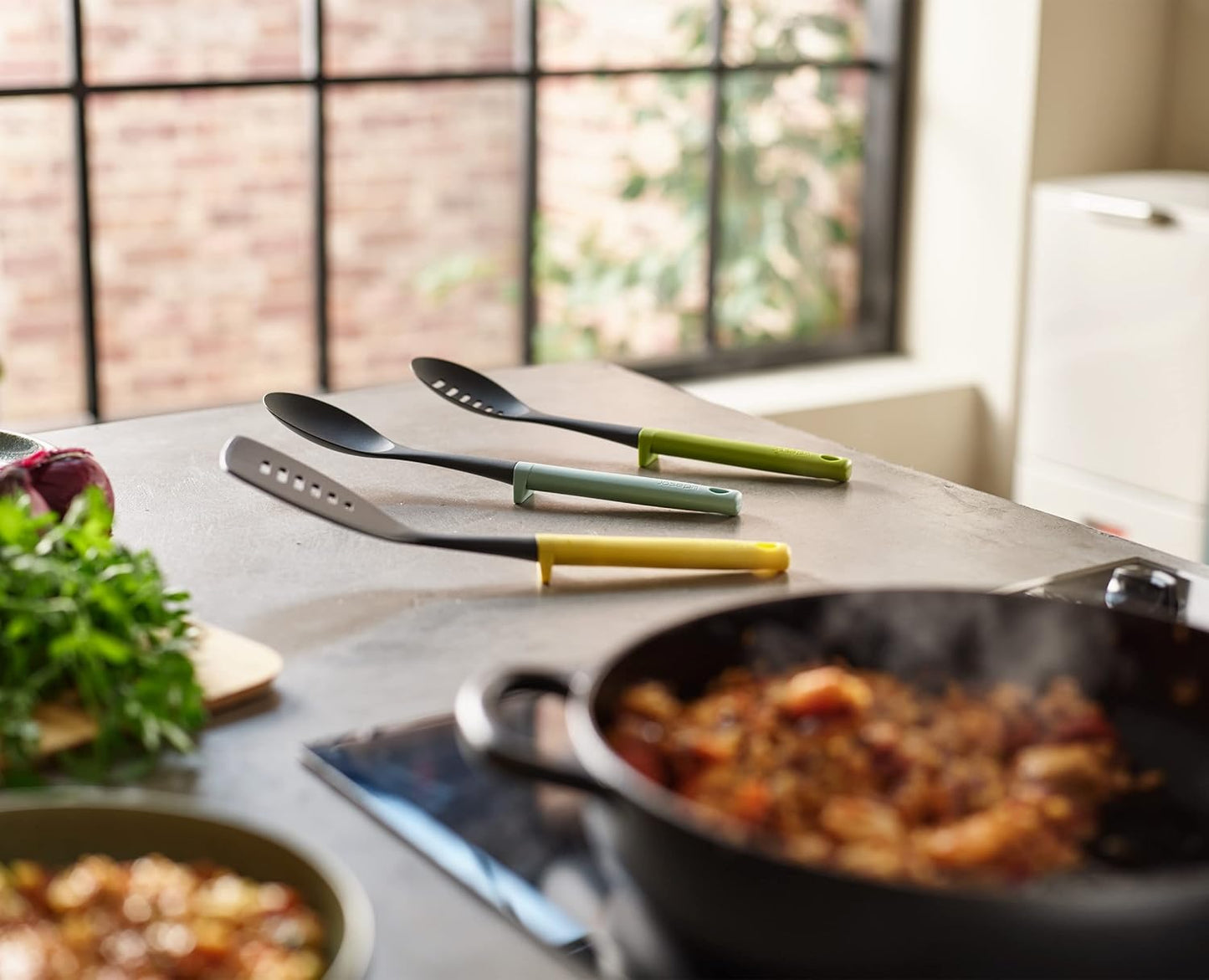 Joseph Joseph Duo 3-Piece Utensil Set with Integrated Tool Rests: Scratch-Free Use on Non-Stick Cookware, Includes Solid & Slotted Spoons and Turner, Heat-Resistant
