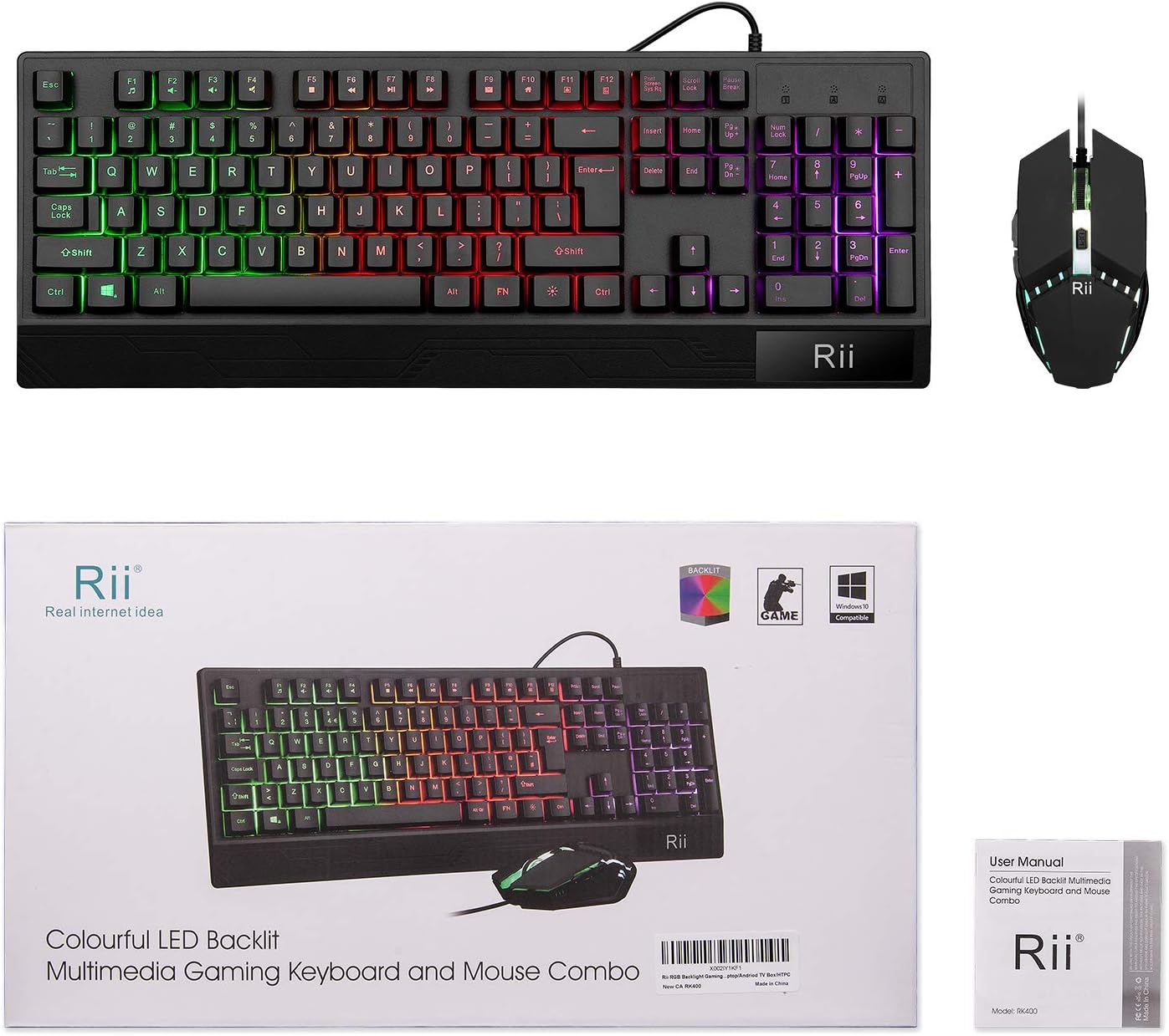 Rii Gaming Keyboard and Mouse Combo,USB Wired,104 Keys RGB LED Backlit Keyboard with Wrist Rest for PC/Laptop (Black)