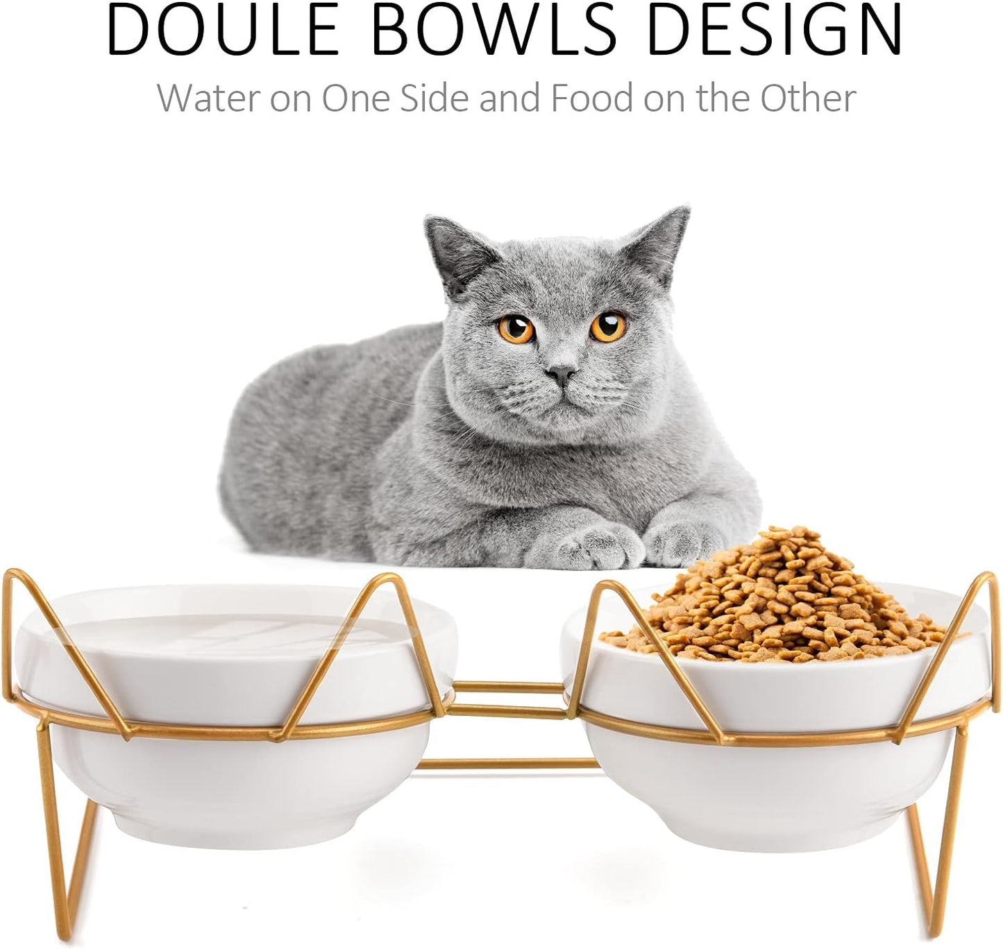 Trosetry Cat Bowls, Double Ceramic Pet Bowls with 15°Tilted Raised Stand for Food and Water, Anti Vomiting Cat Dish Feeder, Perfect for Puppy Cats and Small Dogs(Double Bowls1)