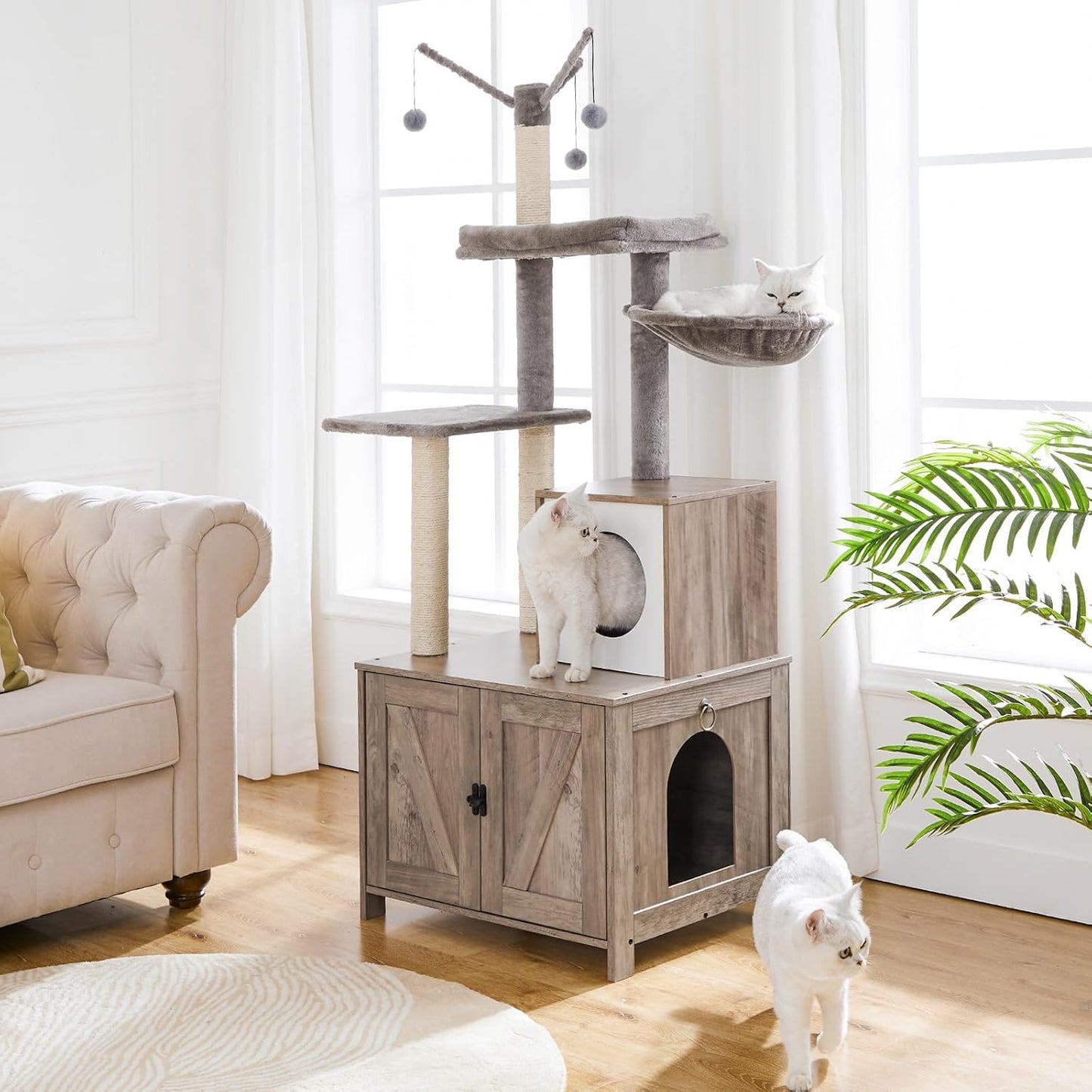HOOBRO Cat Tree Tower with Litter Box Enclosure Indoor, Wooden Cat Condo with Scratching Posts, Litter Box Furniture Hidden, All-in-One Cat House, Greige BG15MZ03