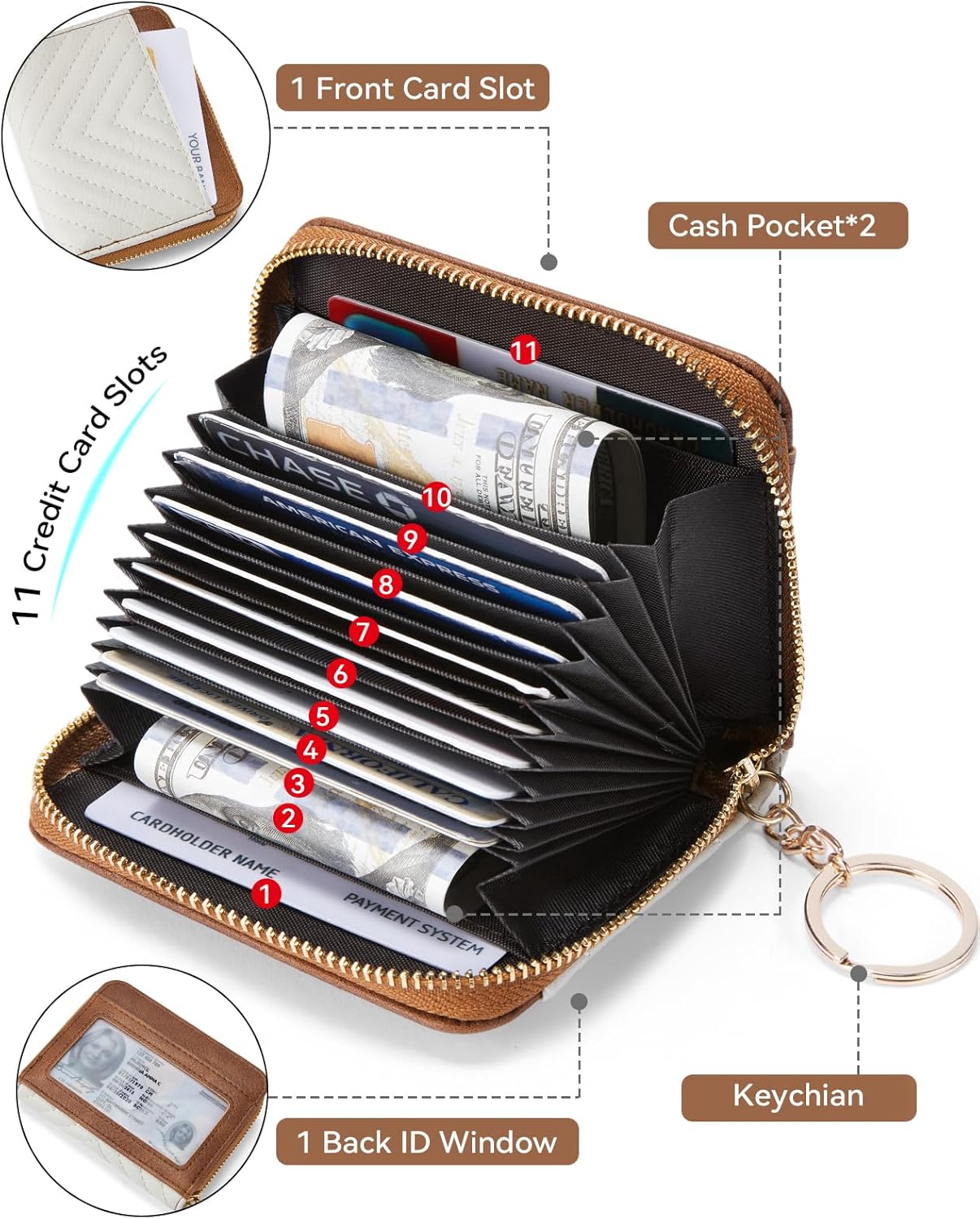 BOSTANTEN Credit Card Holder Wallet RFID Blocking Leather Small Wallet for Women Zipper Keychain Wallet with Wristlet Beige＆Brown