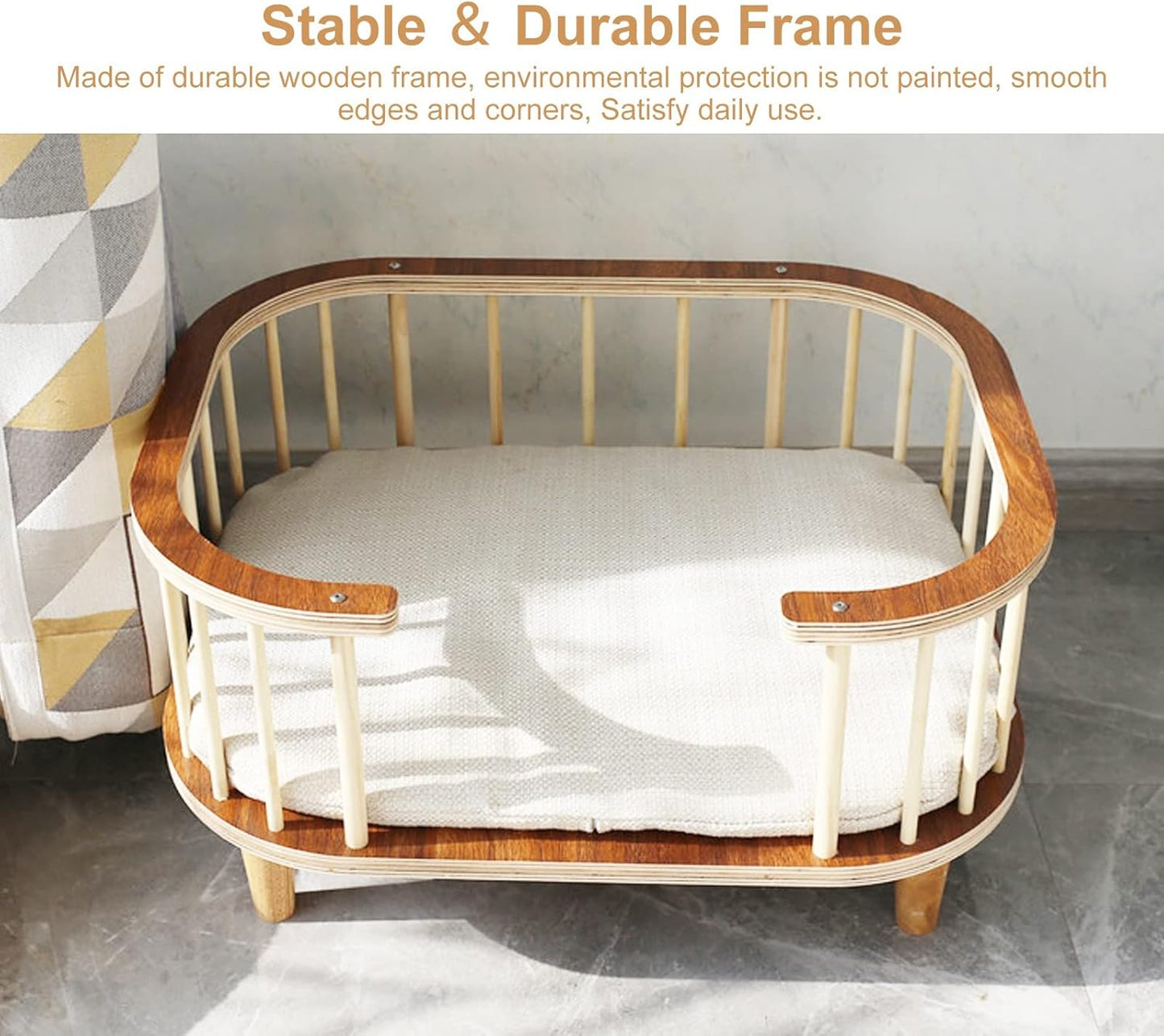 Pet Bed Retro Small Cats with Mattress, Portable Orthopedic Joint Relief Wood Frame Couch, Easy Assemble, for Pets Within 30 Kg / 66 Lbs