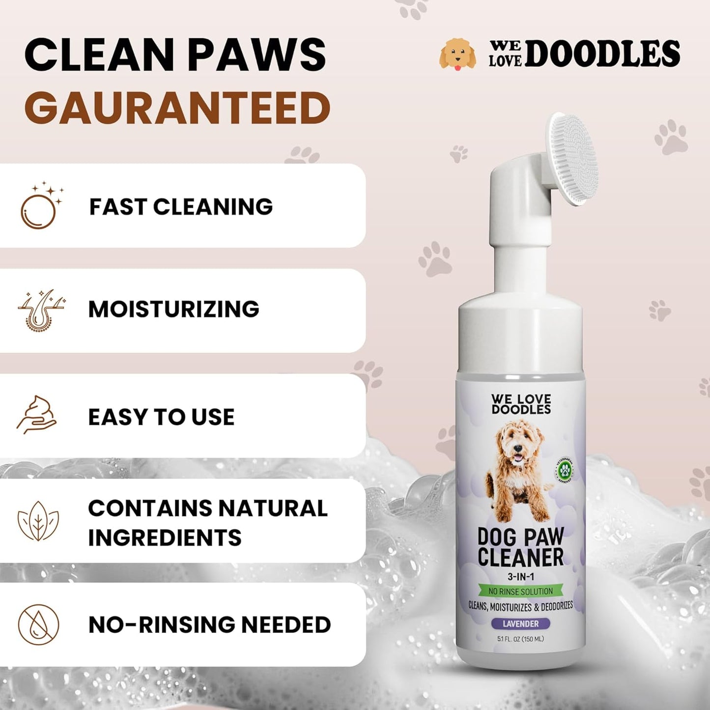 We Love Doodles No-Rinse Dog Paw Cleaner with Built-in Silicone Bristle Brush | 3-in-1 Dirty Paw Washer Foaming Foot Cleaner for Muddy Pet| Gentle Moisturizing Waterless Shampoo - Lavender | 5 fl oz