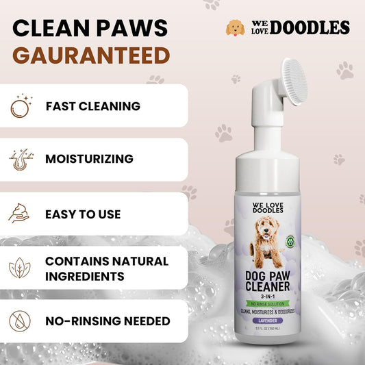 We Love Doodles No-Rinse Dog Paw Cleaner with Built-in Silicone Bristle Brush | 3-in-1 Dirty Paw Washer Foaming Foot Cleaner for Muddy Pet| Gentle Moisturizing Waterless Shampoo - Lavender | 5 fl oz