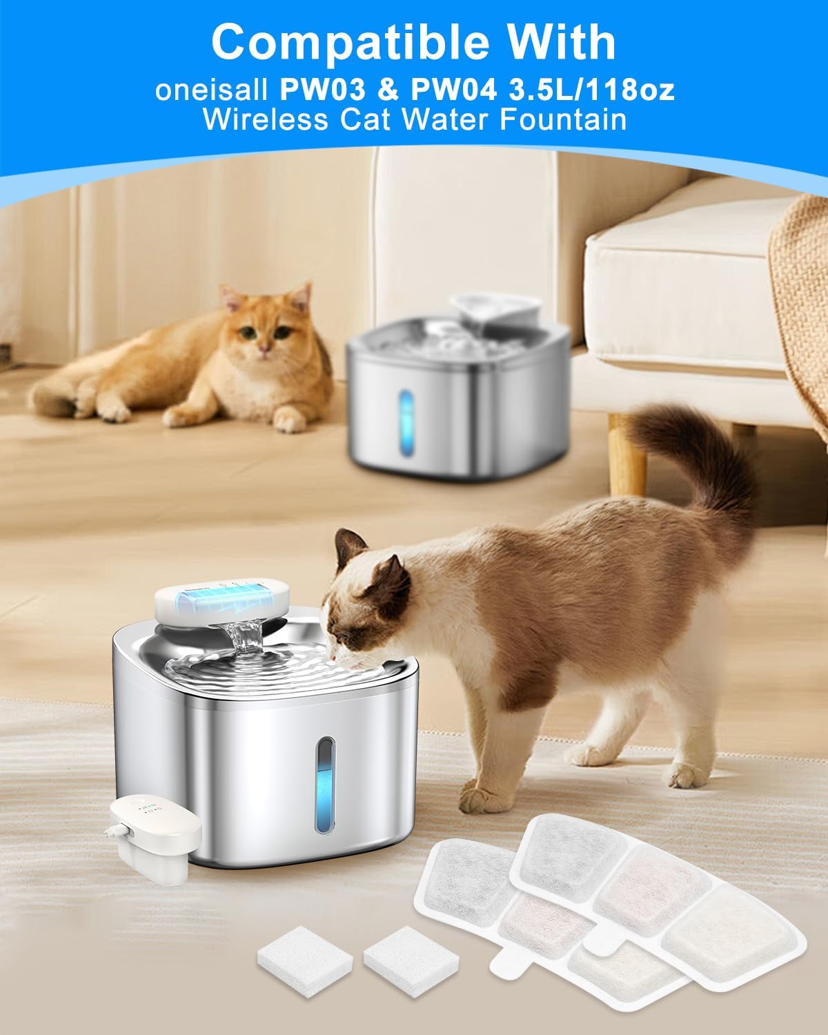 8+8 Pack Cat Water Fountain Filter Replacement Compatible with oneisall PW03 & PW04 3.5L/118oz, Cat Fountain Filters Replacement Fit for oneisall, Multilayer Filters System, 8 Filters+8 Sponge
