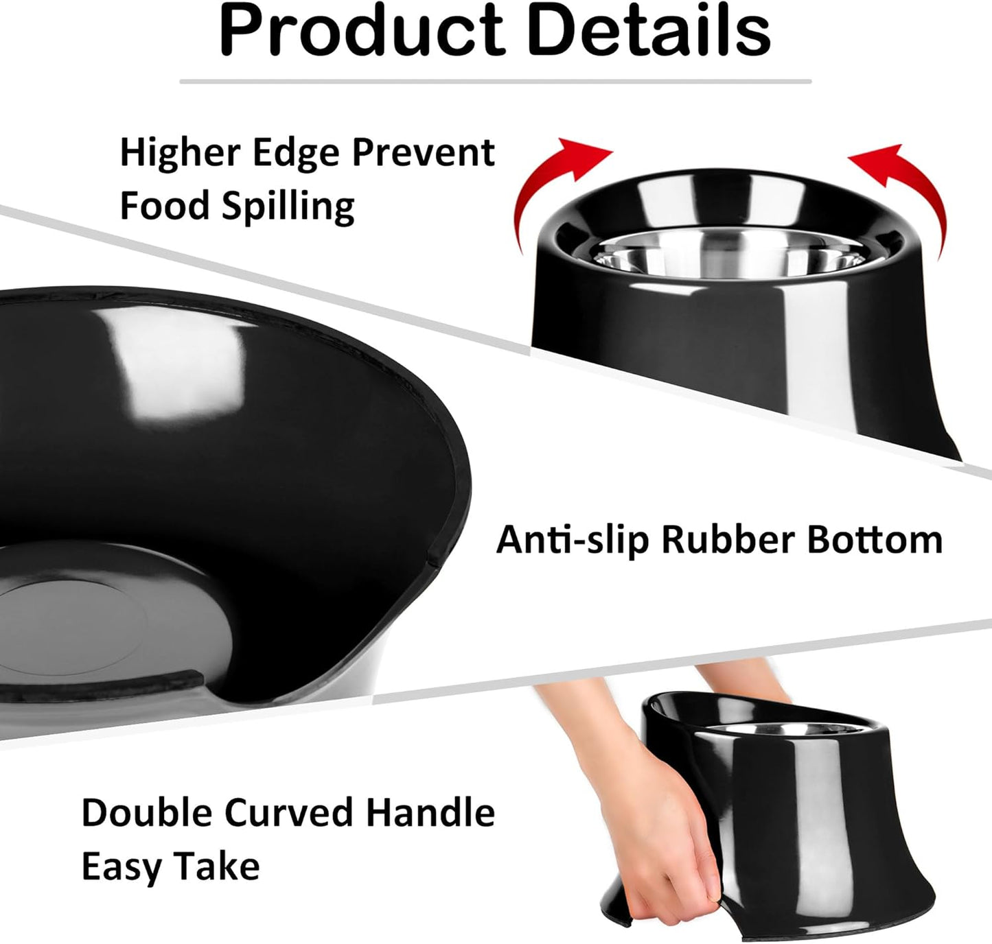 Tilted Elevated Dog Bowls Non-Slip & Non-Spill Pet Feeder with Elevated Detachable Melamine Stand, High Capacity Tilted Dog Bowl for Medium Small Size Dogs M/2 Cup Black