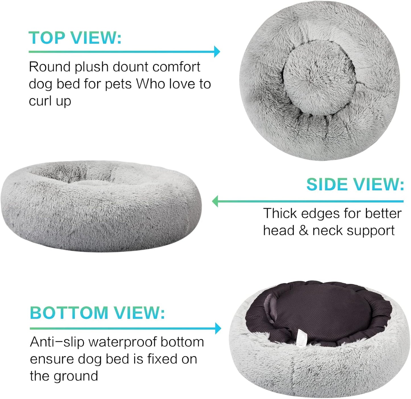 SAVFOX 36 inches Calming Donut Dog Bed - 3X Durable Plush Faux Fur, Machine Washable & Non-Slip, Fits up to 100 lbs, Light Grey
