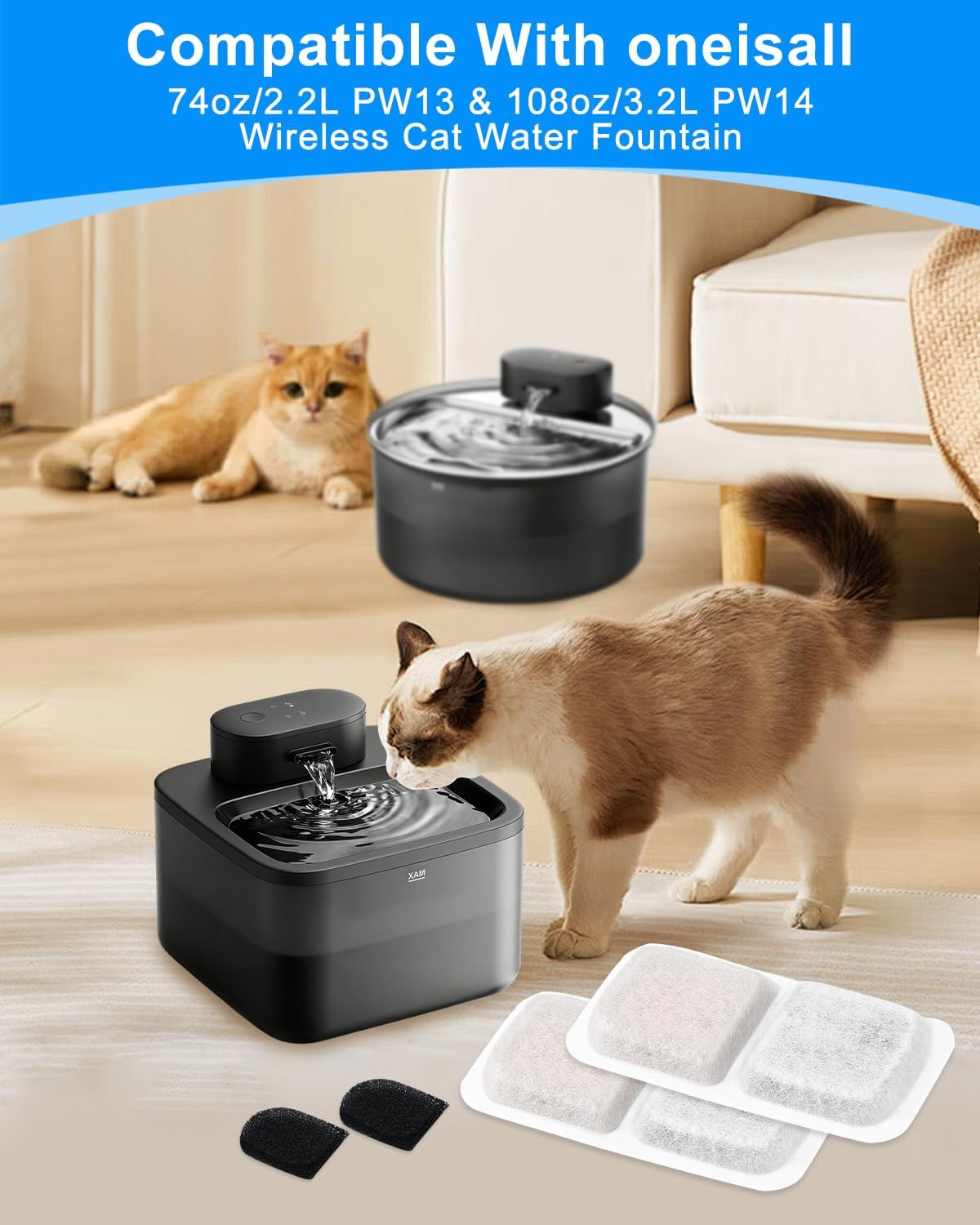 8+8 Pack Cat Fountain Filter Replacement Kit Compatible with oneisall 74oz/2.2L Pet Water Fountains for Cats and Dogs, Carbon Filters Fit for oneisall Fountain Keeping Pet Water Clean