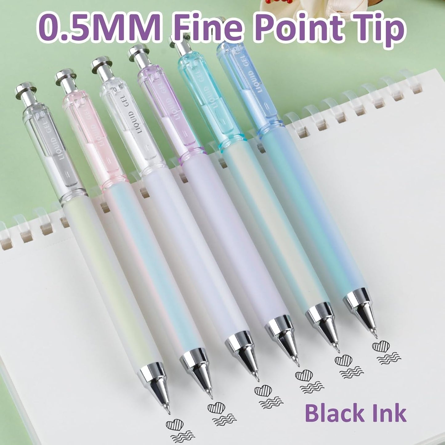 FIOVER Gel Pens, 6 Pcs 0.5mm Quick Dry Black Ink Pens, Fine Point Smooth Writing Pens, Retractable with Silicone Grip, High-End Cute Aesthetic Office School Supplies, Gifts for Women Men (6pcs black)
