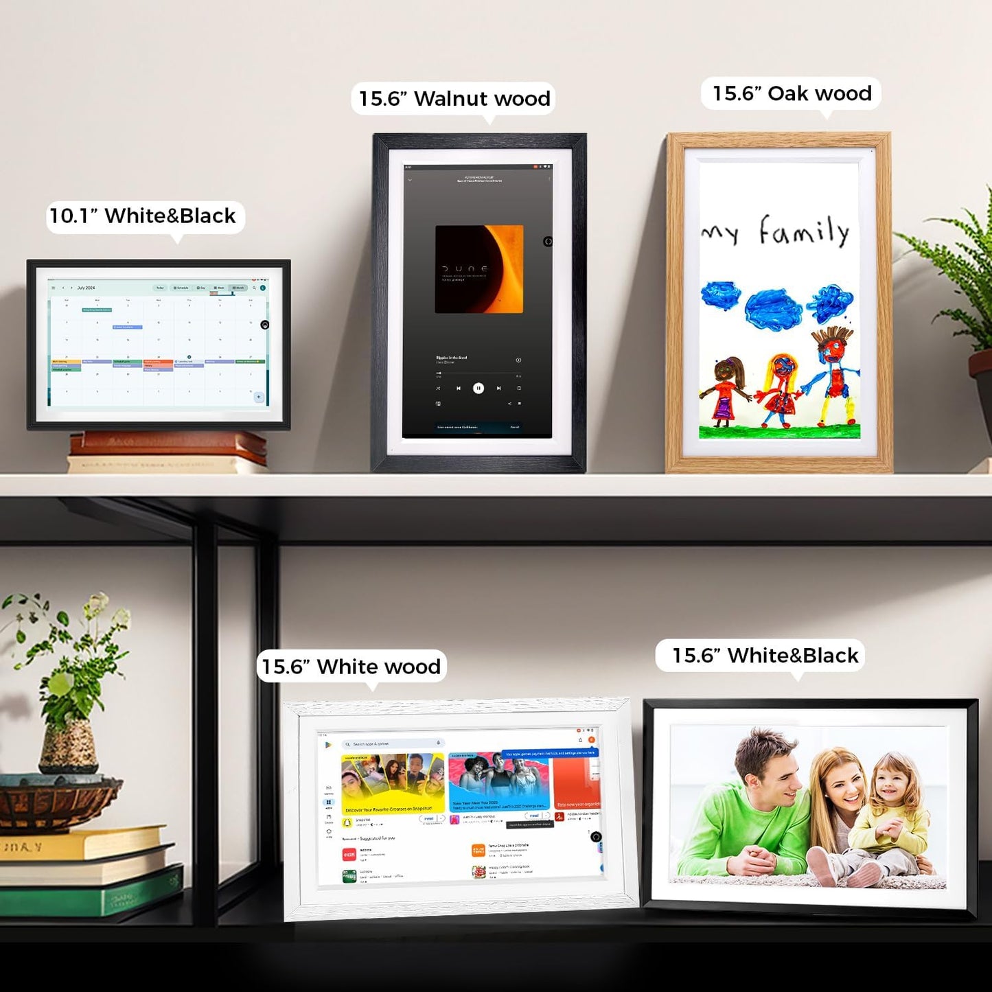 15.6" Digital Google Calendar+Pen,No Subscription|All-in-one Smart Display:Photo Frame,Google Play Apps,Voice Assistant,Home Hub,Streaming|Built-in Battery|Wall&Desk|Anti-Glare Touchscreen|Walnut Wood