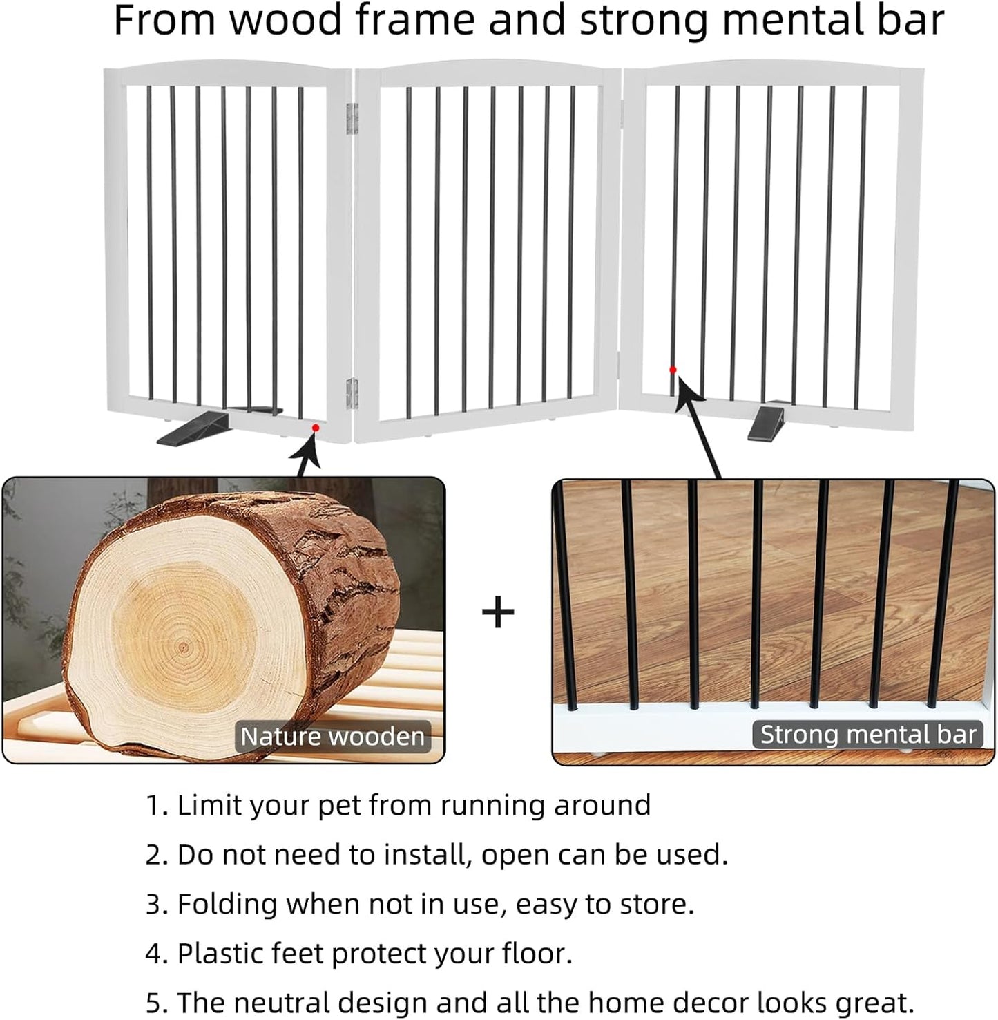 Freestanding Panel Dog Gate for Indoor, Doorways,Stairs, or Hallways,Foldable Wooden Dog Fence for House,Pet Gate for Dogs, Puppy Gate,Support Feet Included,24 "Height-3 Panels,White