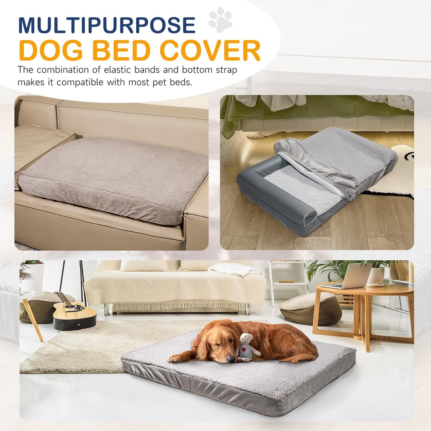 Dog Bed Covers Replacement Washable, Waterproof Dog Sofa Cover Ultra Soft Plush, Quilted, Pet Bed Cover for Cat, Cover Only (Grey, 35.0" L x 23.0" W x 6.5" Th)