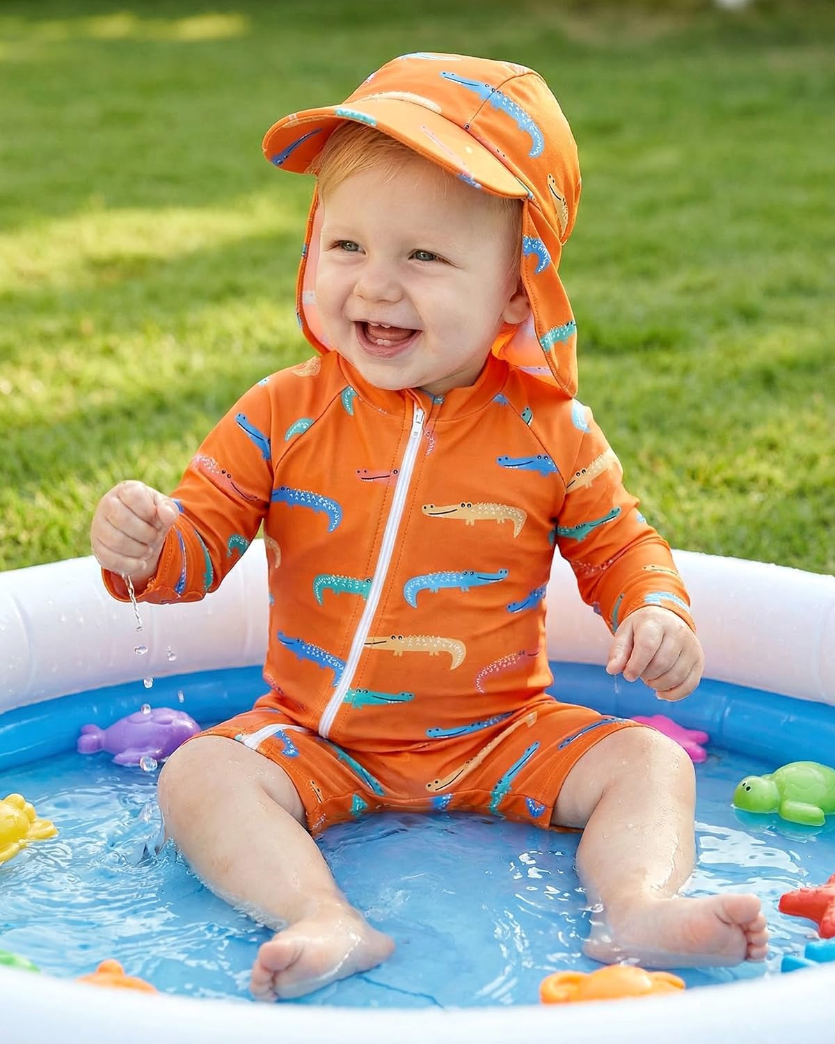 DivingBirds Baby Boy Rash Guard Swimsuit Set with Sun Hat - Long Sleeve Zip One Piece Toddler Bathing Suit for Beach & Pool
