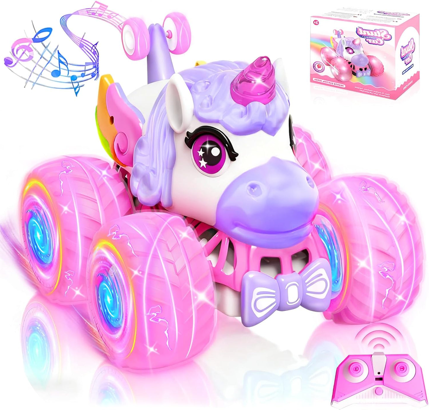 Remote Control Car for Girls, Unicorn Toys for Girls Age 3+, 360° Rotating 4WD 2.4 GHz RC Stunt Cars with Light and Music, Unicorn Gifts Presents Christmas Stocking Stuffers for 3 4-6 6-8