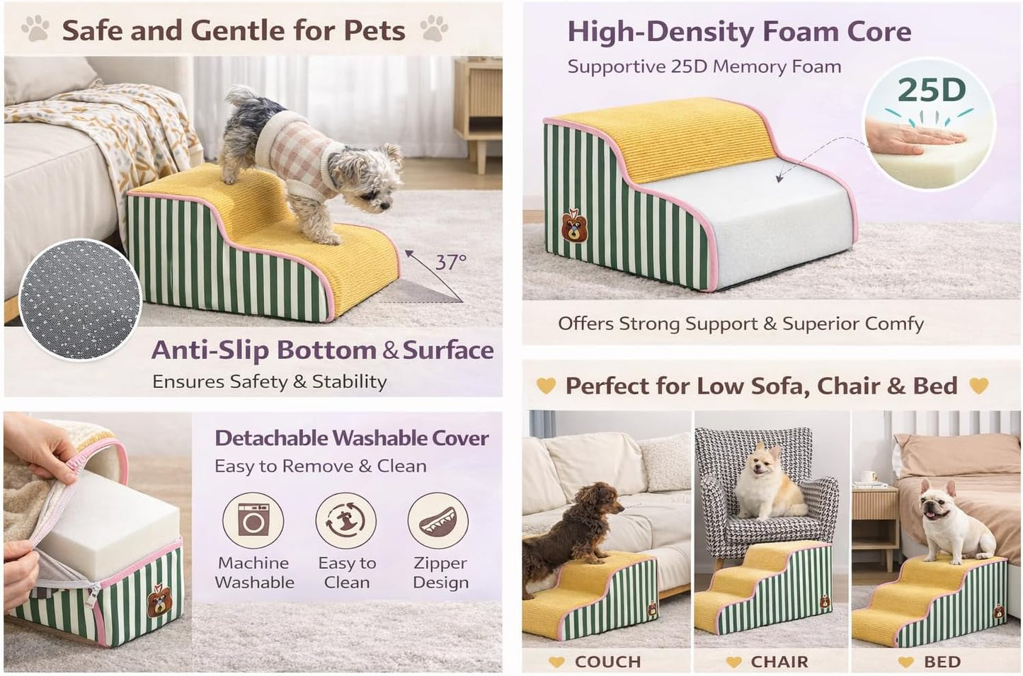 Dog Steps for Small Dogs, Dog Stairs for Bed, Curved Pet Stairs for Puppy and Cat, Doggie Ladder with Washable Cover, Pet Ramp for Sofa, Non-Slip Pet Stairs for Indoor Use(3 Step)
