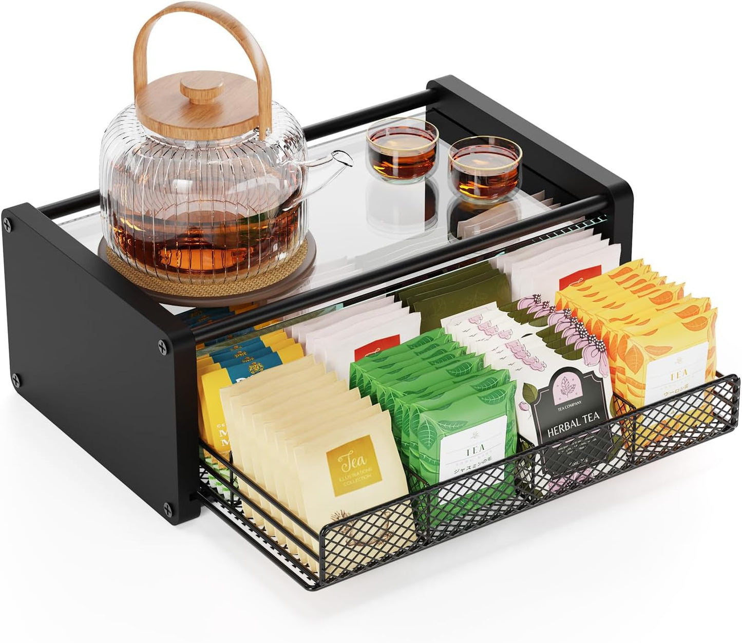 Tea Bag Organizer, Tea Organizer and Storage with Drawers, Tea Bag Holder with Divided Compartments, Wooden Kitchen Organizers and Storage for Kitchen, Countertop, Office, Tea Station