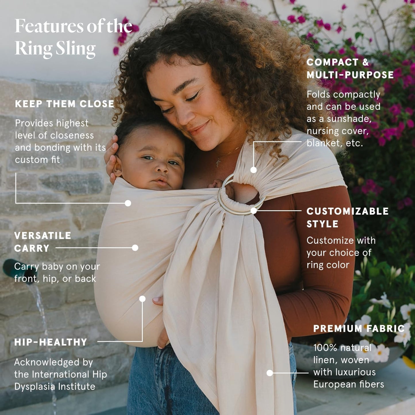 WildBird - Ring Sling Baby Carrier - 0-36 Months (up to 35 lbs) - Standard (74") Sparrow & Bronze Ring - Front, Hip or Back Carry - Adjustable Fit - Natural Linen - Baby Essentials - New Mom Gifts
