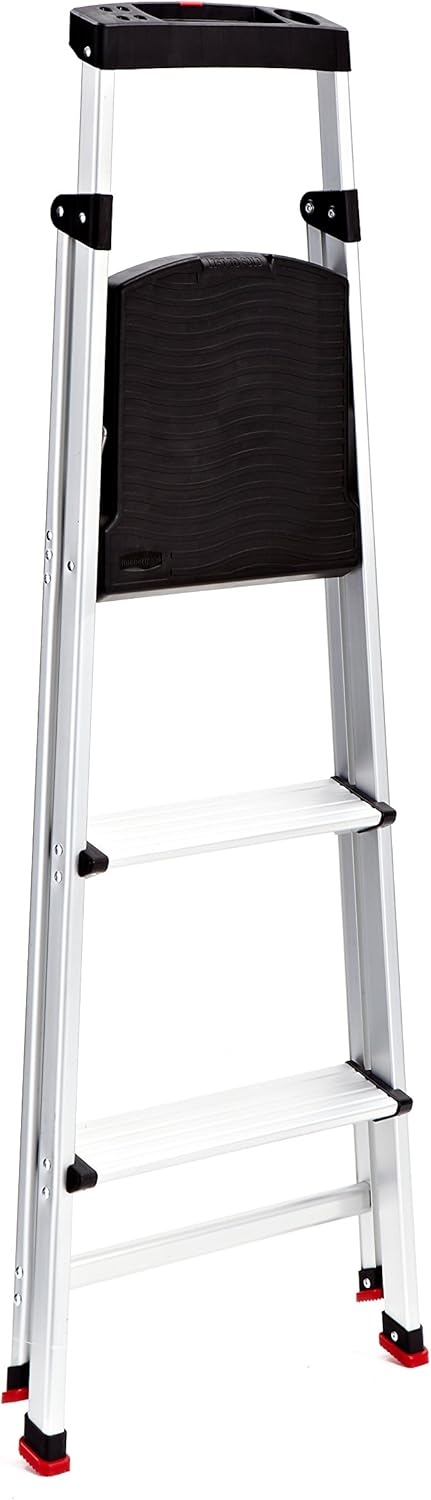 Rubbermaid 3-Step Ladder, Aluminum Lightweight Folding Step Stool with Project Top, Silver, Tested to US Safety Standards, No Assembly Required