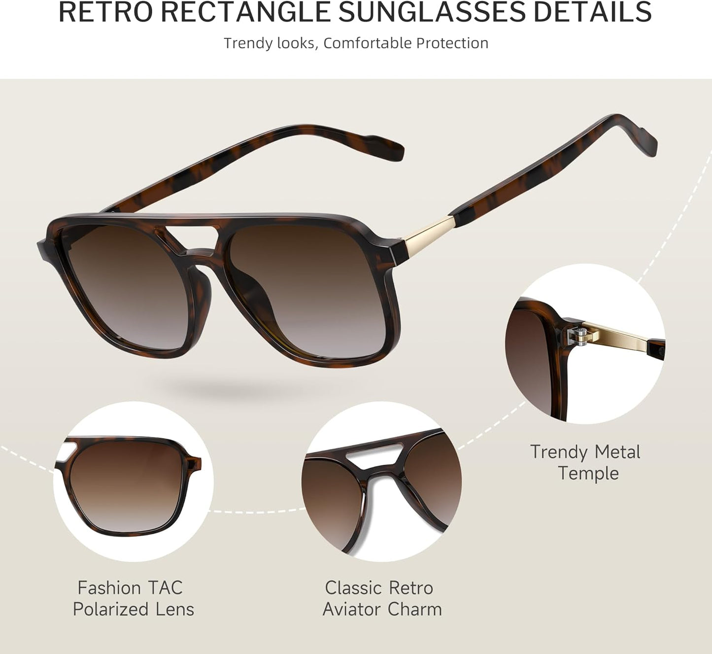 Retro Aviator Sunglasses for Women Men:Polarized Trendy Vintage 70s Rectangle Womens Shades Sun Glasses UV Protection
