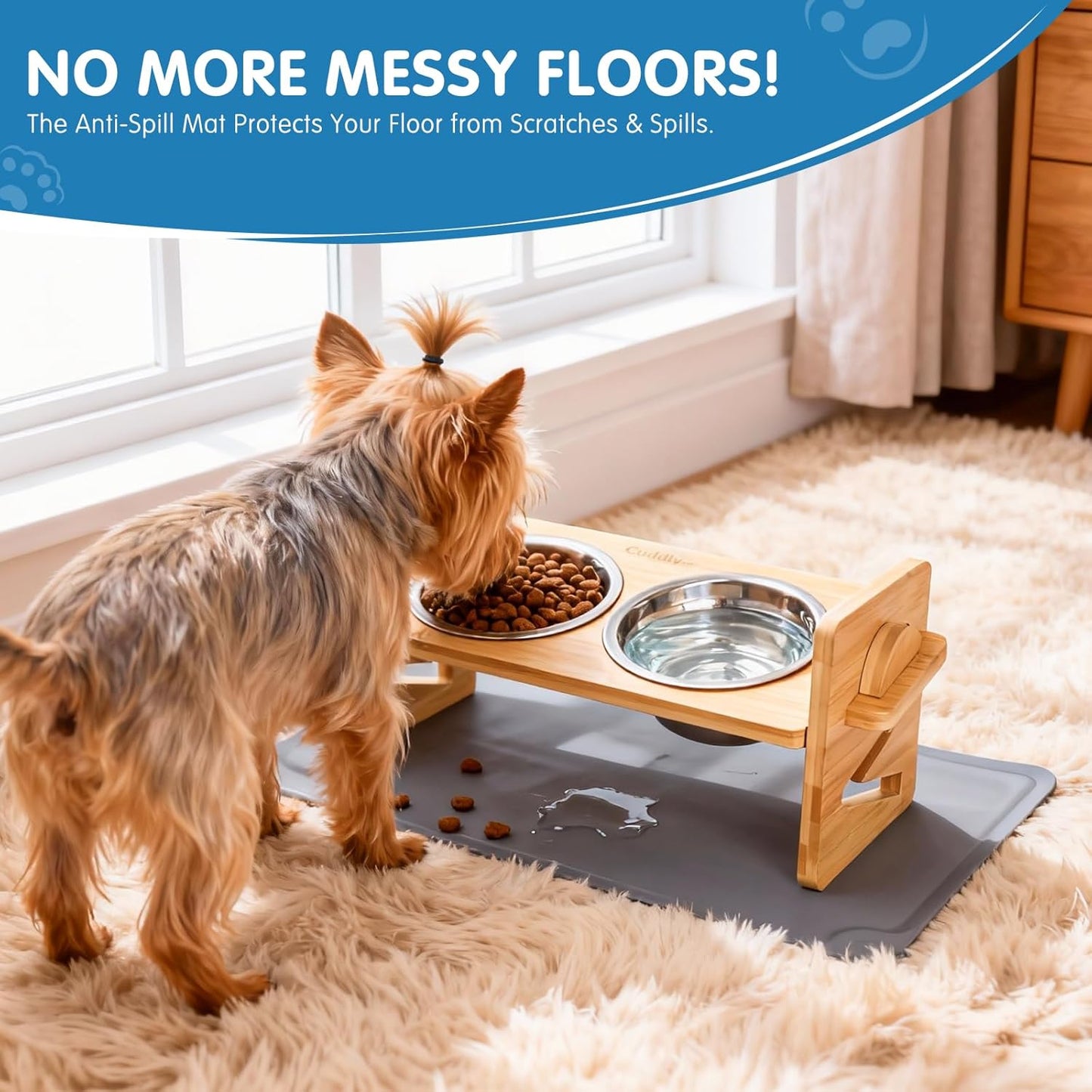 Elevated Dog Bowls for Small Dogs and Cats - 3 Heights Adjustable Bamboo Raised Pet Food Bowl Stand with Spill-Proof Non-Slip Mat, 2 Stainless Steel Dishes, 15° Tilted Ergonomic Feeder