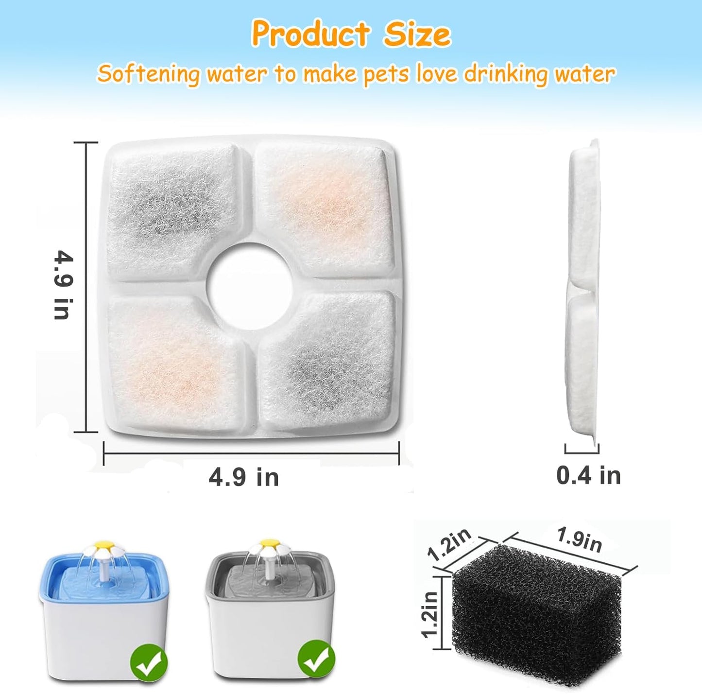 16 Pack Replacement Filters & 16 Pack Pre-Filter Sponges for Veken 84 oz / 2.5L Automatic Pet Water Fountain, Triple Filtration Cat Fountain Replacement Filter