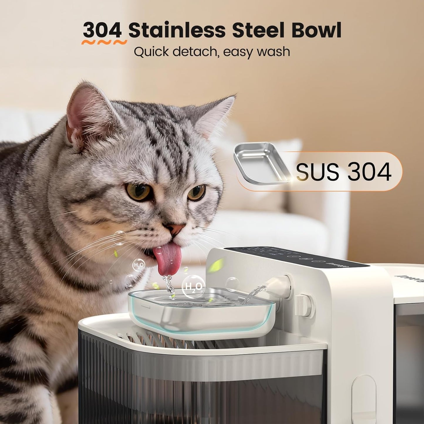 Filterless Cat Water Fountain with Wastewater Separation, 3.5L Stainless Steel Cat Fountain No Filter Needed, Wireless Pet Water Fountain for Cats & Small Dogs, 180-Day Battery, Smart Alert