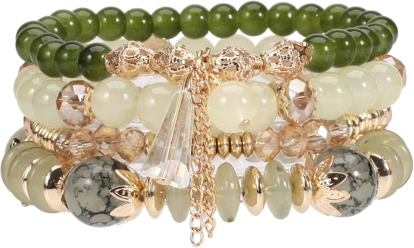 4Pcs Bohemia Multilayer Stackable Beaded Bracelets Set Colorful Crystal Stone Gold Beaded Stretch Bracelets Hawaii Charm Bracelet for Women Men Summer Beach Boho Vacation Jewelry Gifts