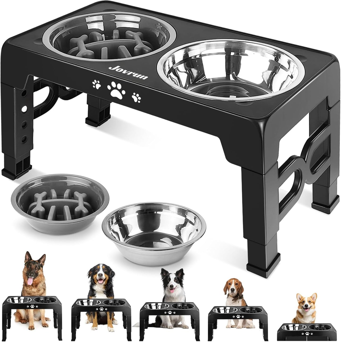 Elevated Dog Bowls for Medium Size Dogs, Non-Slip Dog Feeder with 1*Stainless Steel Dishes & 1*Slow Feeder Bowl, 5 Heights Adjustable Raised Bowls to 3.15″-8.66″-9.84″-11.02″-12.2″