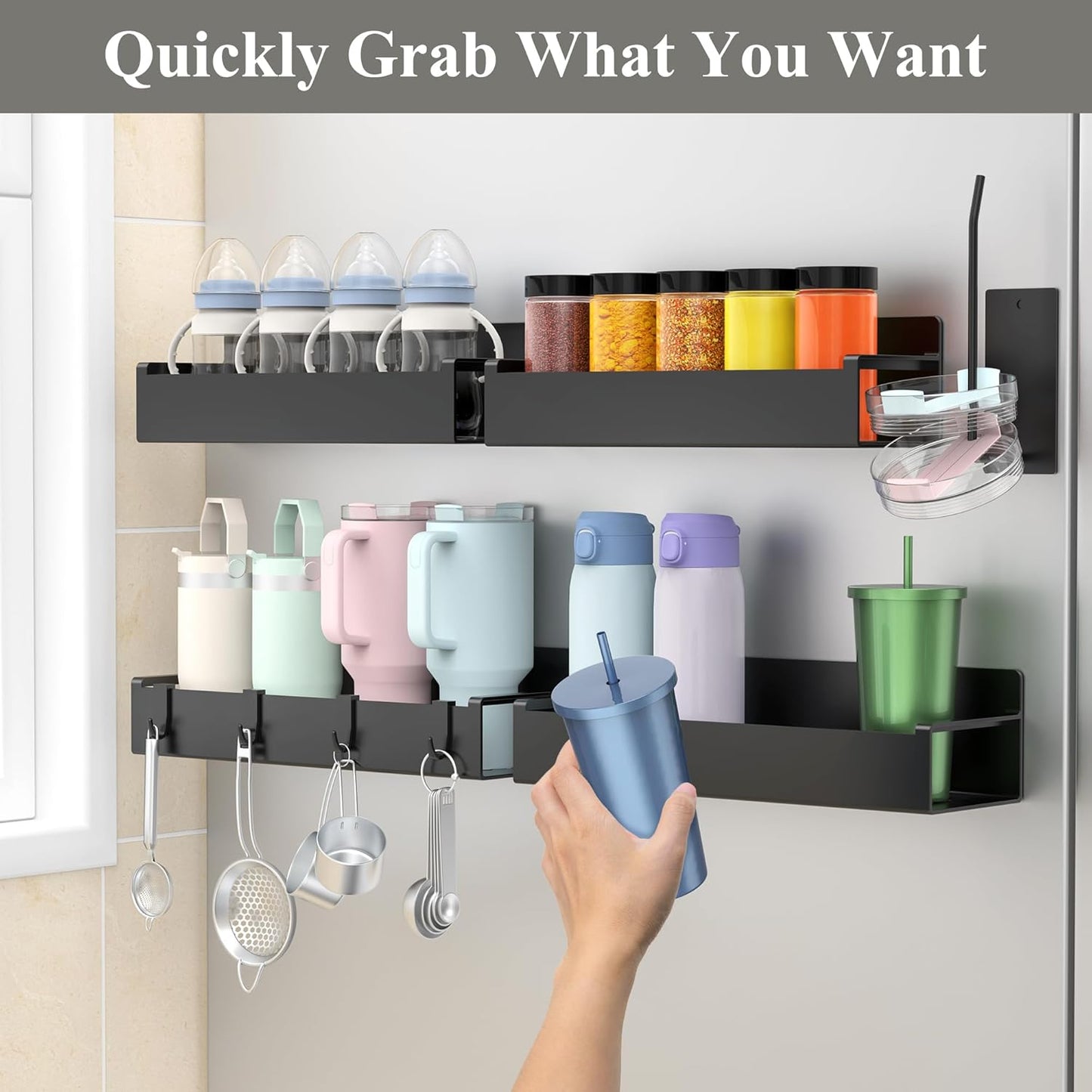 Magnetic Water Bottle Holder for Refrigerator, Cup Holder Organizer for Stanley and Tumbler for Kitchen, 4 Pack, Black