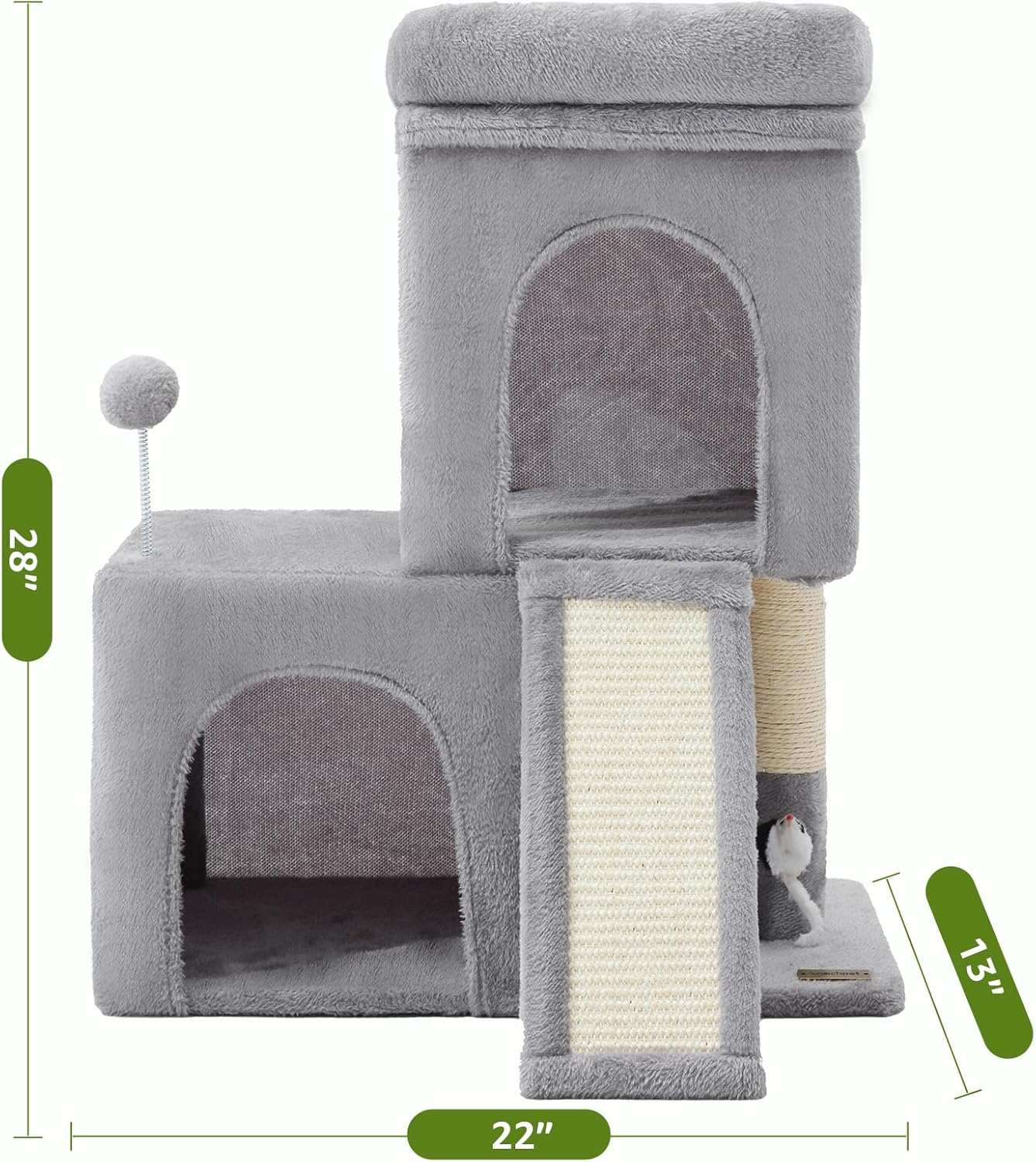 24inch Tall Cat Tree with 2 Cat Condo and Mouse Toy Cozy Small Cat Tower with Scratching Post and Board for Kitties and Small Cats.（Light Grey） (22 * 13 * 28)