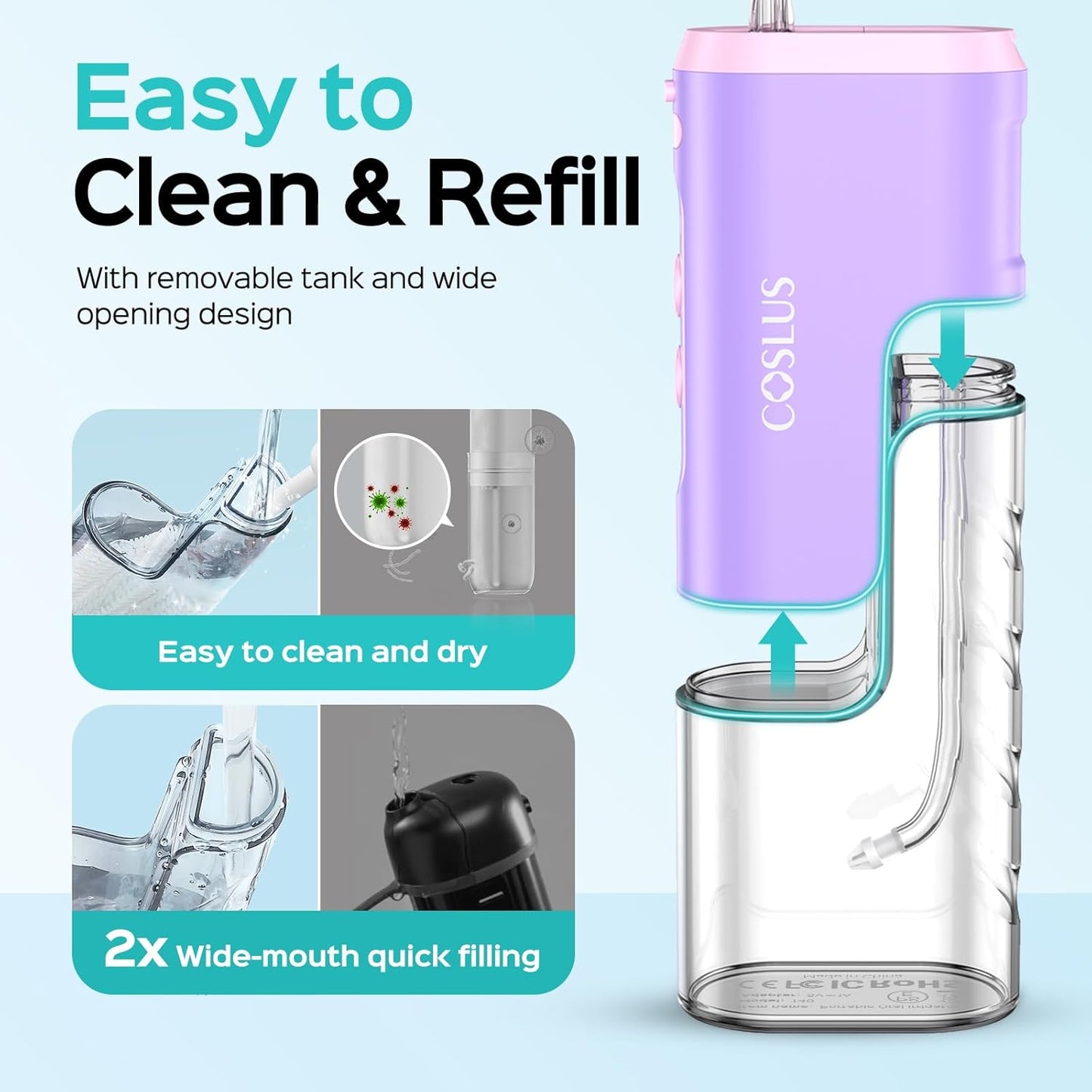COSLUS T40 Mini Water Flosser for Travel: Portable Compact Design, Cordless Oral Irrigator with 4 Jet Tips, Removable Tank & IPX7 Waterproof for Braces, Sensitive Teeth & On-The-Go Use, Pink Purple