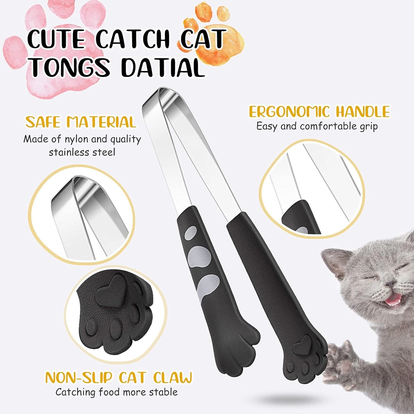 Patelai 2 Pieces Cat Paw Tongs 7 Inch Stainless Steel Tiny Tongs Cute Kitchen Accessories Mini Food Cat Kitchenware Kawaii Kitchen Decoration for Snack Cooking BBQ Grilling Sweets (Black)