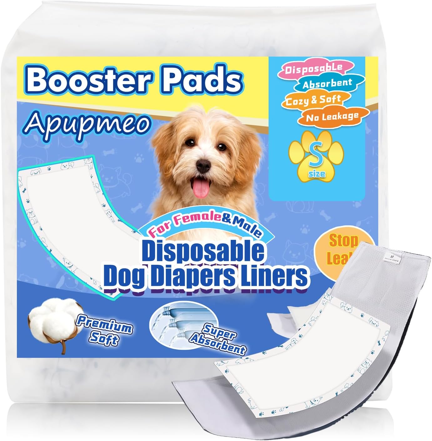 Disposable Dog Diaper Liners - 50PCS Dog Booster Pads for Male Female Dogs - Doggie Diaper Insert Pads for Pet Belly Bands Wraps Period Pants Covers(S,50)